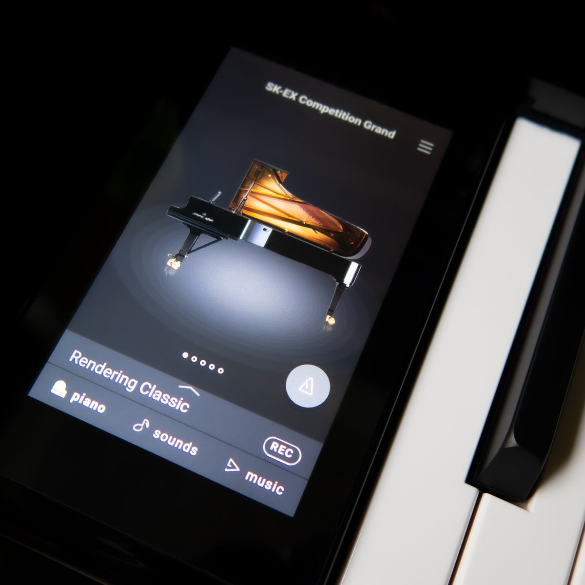 Kawai NOVUS NV6 Hybrid Upright Piano SK-EX Competition Grand piano sound selection on the touch screen display
