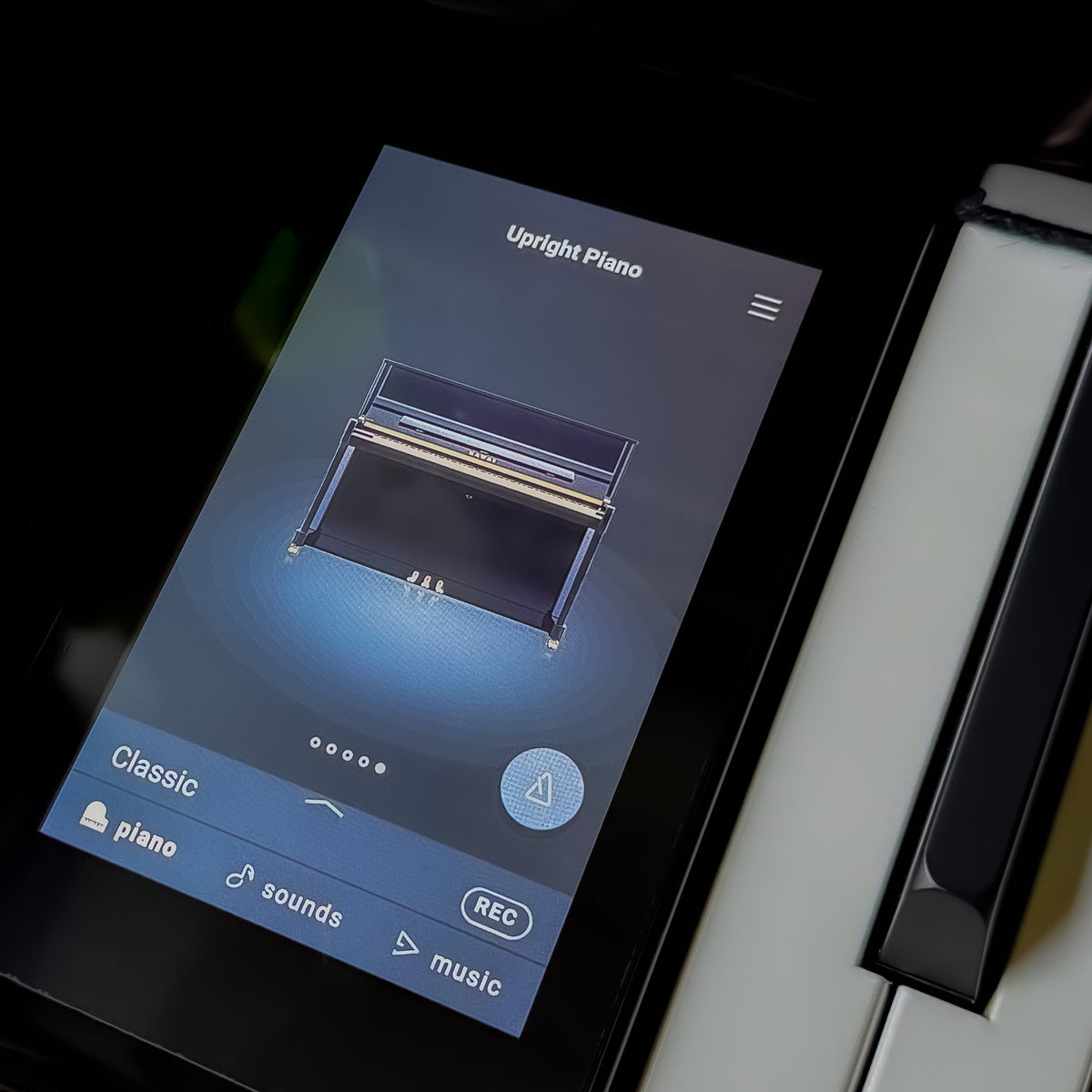 Kawai NOVUS NV6 Hybrid Upright Piano, piano sound selection on the touch screen display