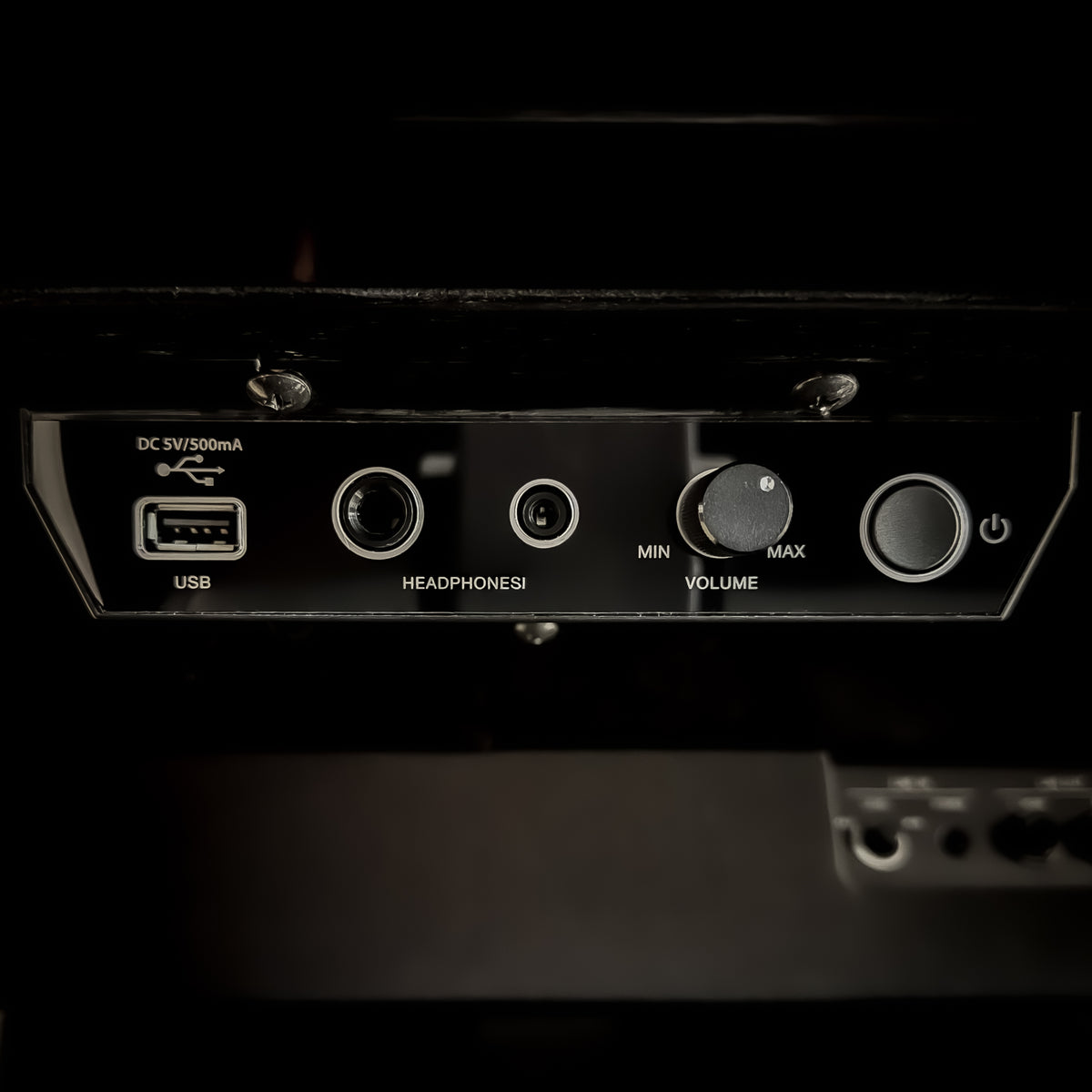 Kawai NOVUS NV6 Hybrid Upright Piano power and volume controls with headphone and USB jacks