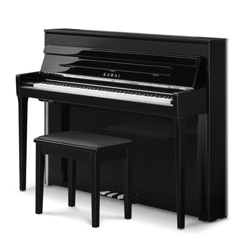 Kawai NOVUS NV6 Hybrid Upright Piano - Ebony Polish - Angle View with Bench
