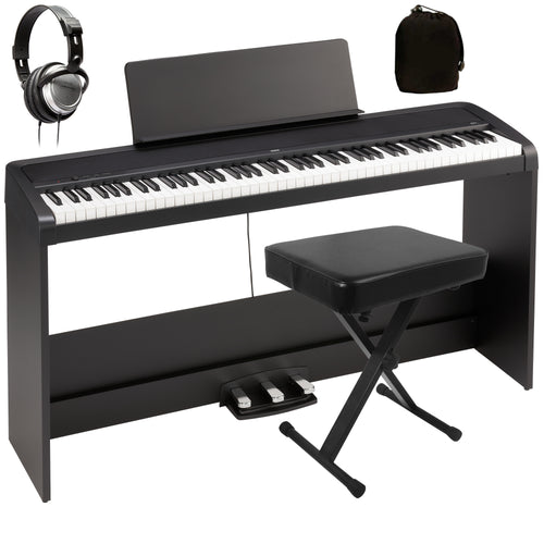Collage showing items included in the Korg B2+ Plus Digital Piano with Stand and Pedals - Black COMPLETE HOME BUNDLE