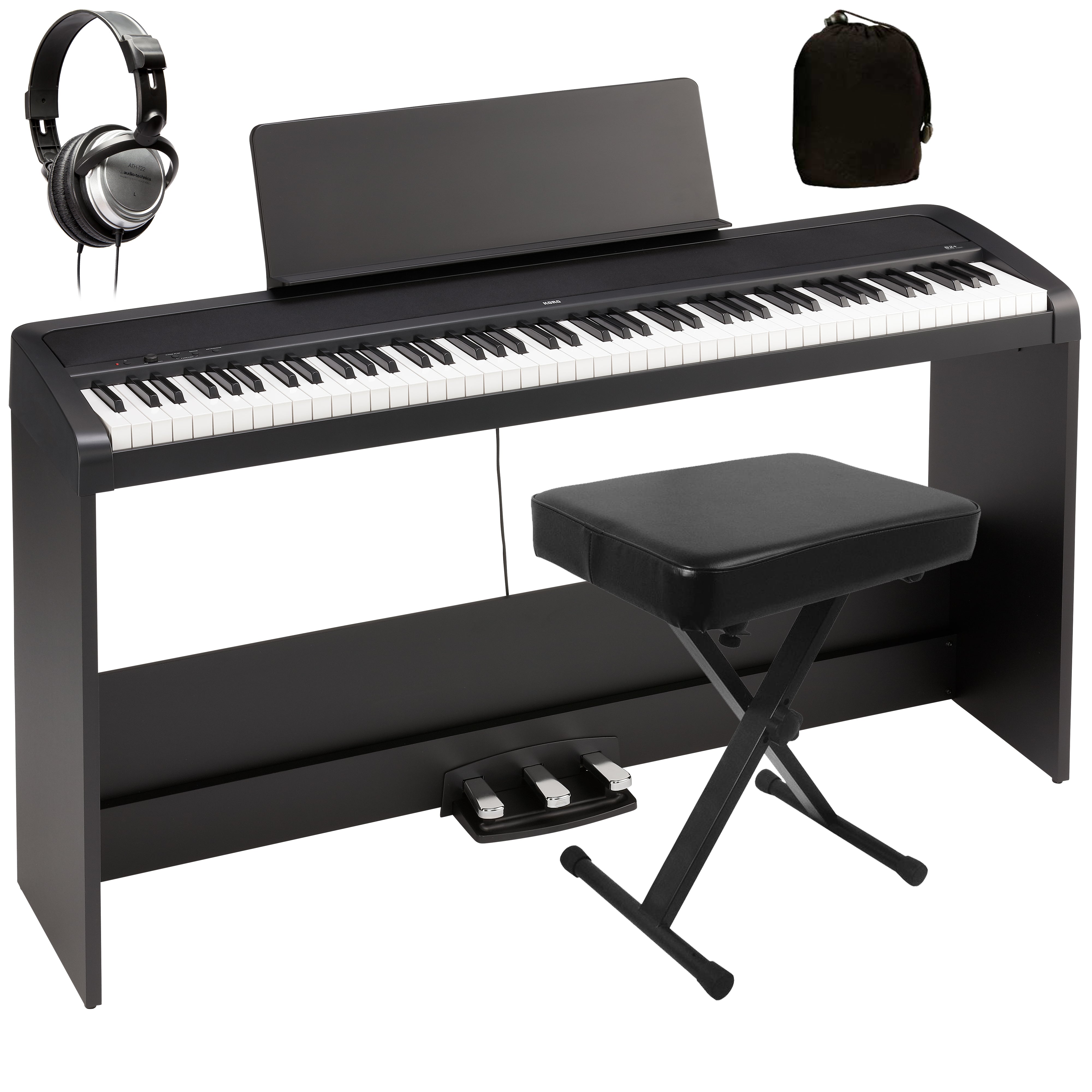 Collage showing items included in the Korg B2+ Plus Digital Piano with Stand and Pedals - Black COMPLETE HOME BUNDLE