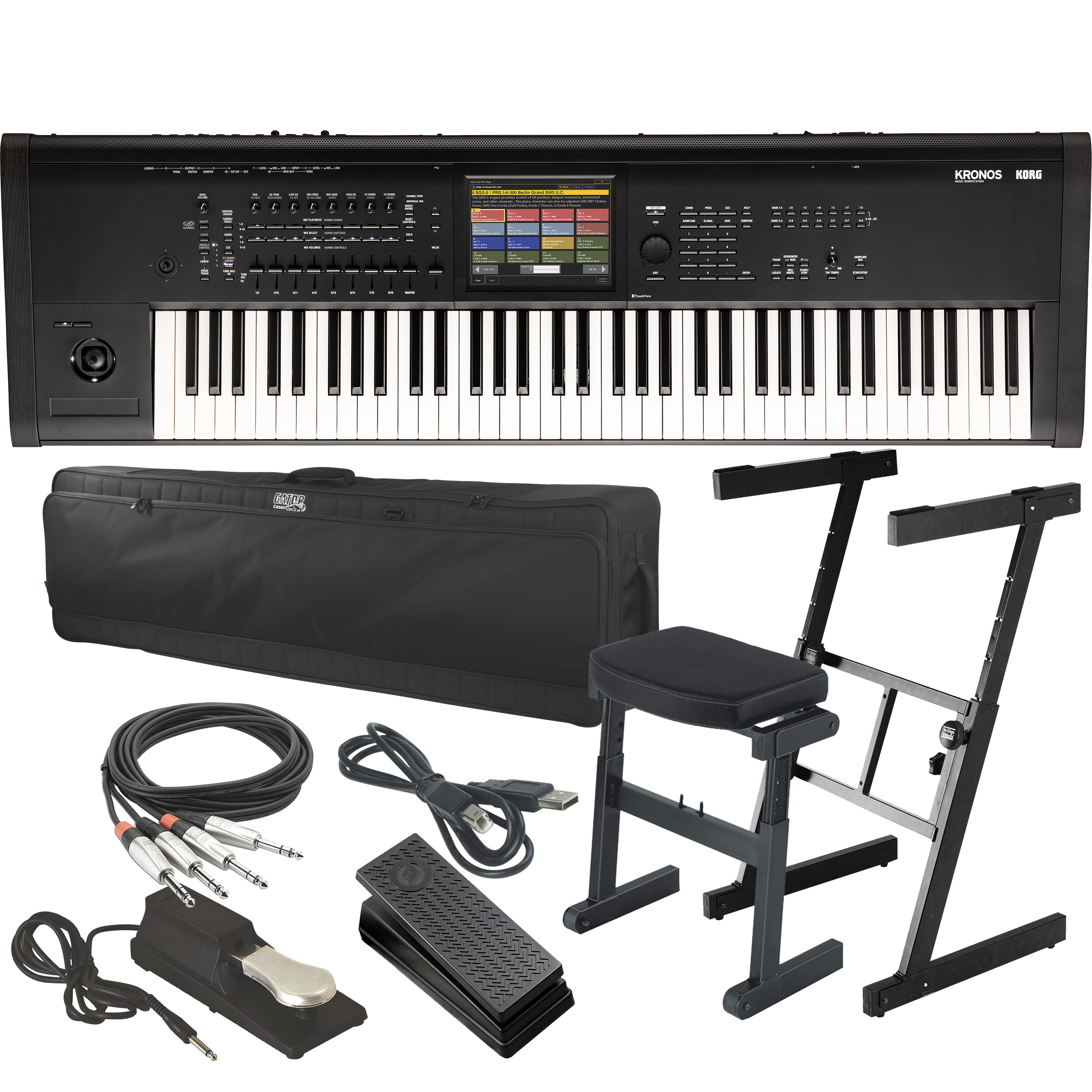 Collage showing components in Korg Kronos 3 73-Key Music Workstation STAGE RIG