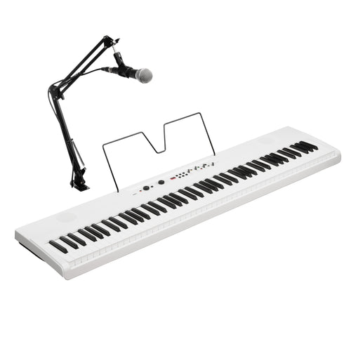 White keyboard with microphone stand and microphone on a white background