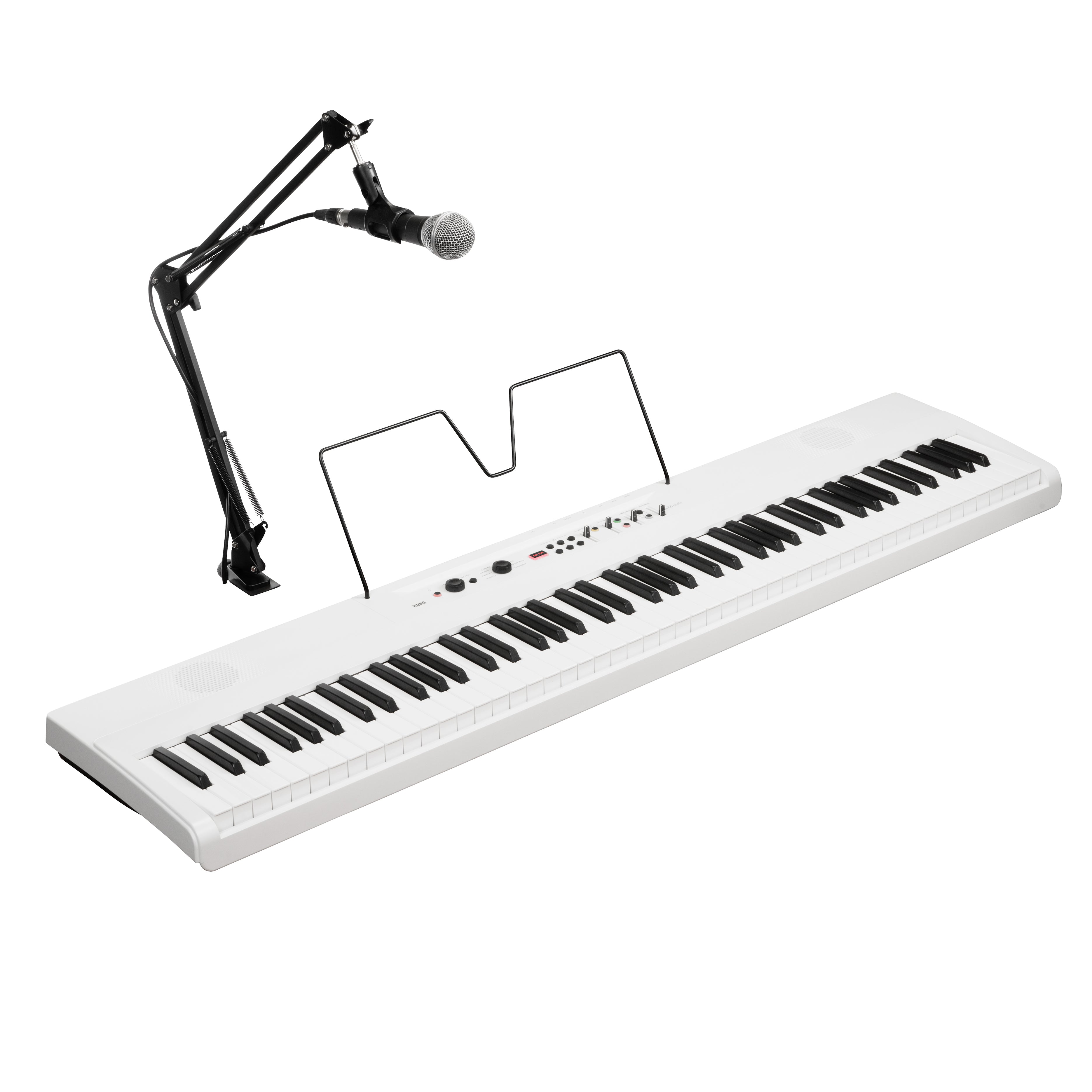 White keyboard with microphone stand and microphone on a white background