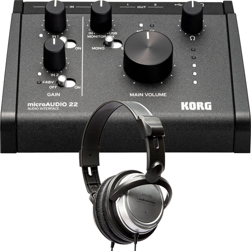 Collage showing components in Korg MicroAudio 22 Audio Interface STUDIO KIT