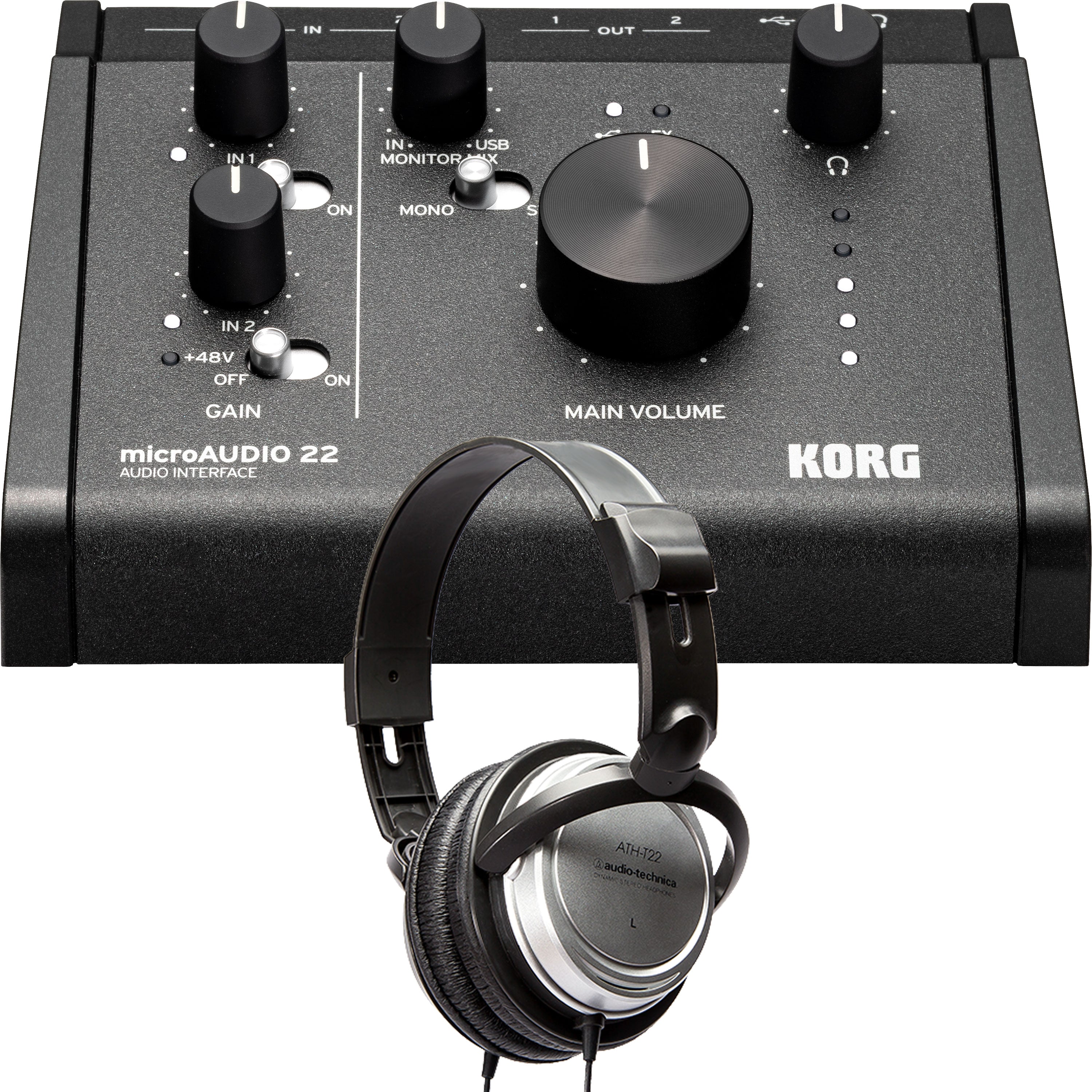 Collage showing components in Korg MicroAudio 22 Audio Interface STUDIO KIT