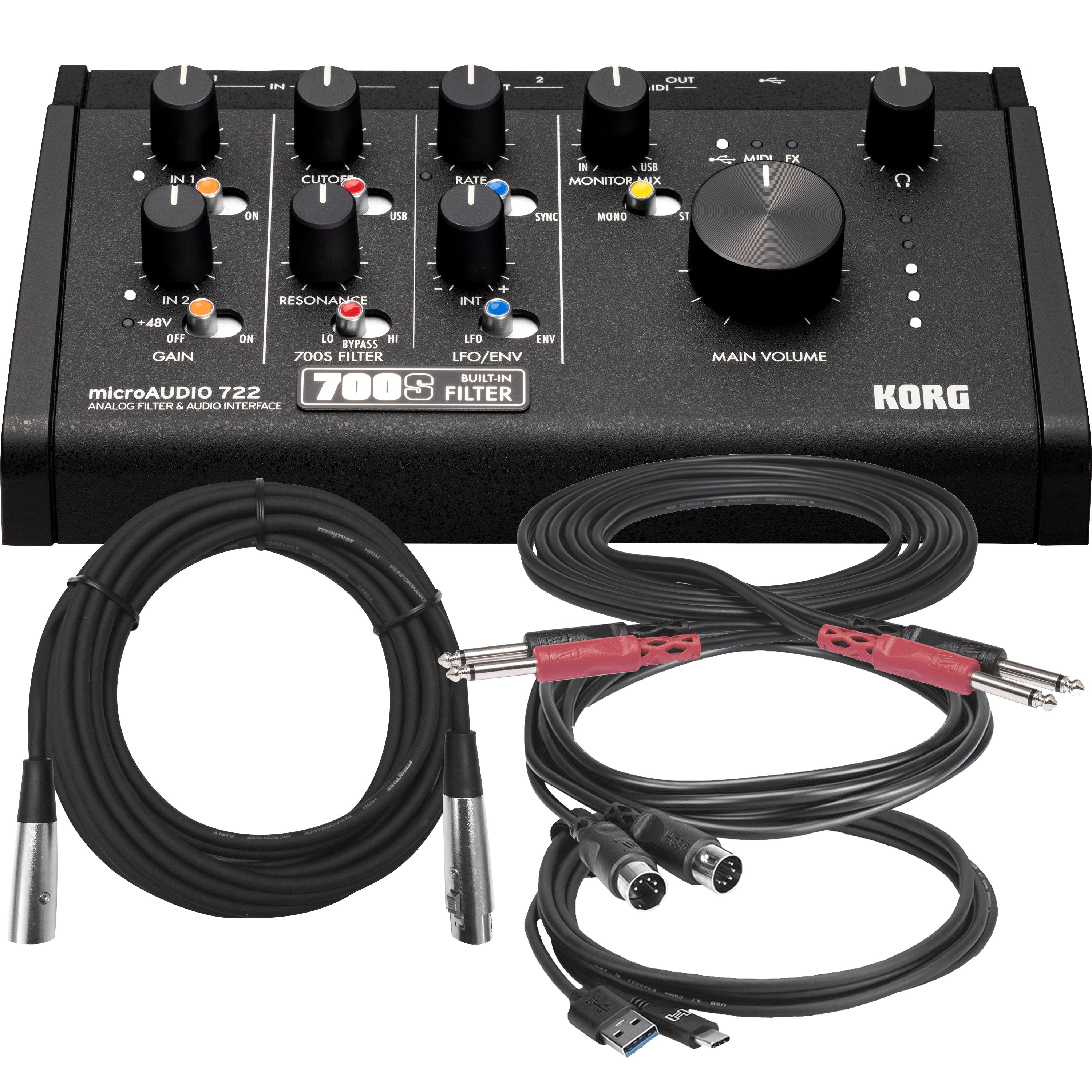 Collage showing components in Korg MicroAudio 722 Audio Interface with Analog Filter CABLE KIT