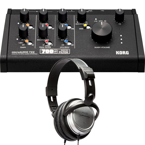 Collage showing components in Korg MicroAudio 722 Audio Interface with Analog Filter STUDIO KIT