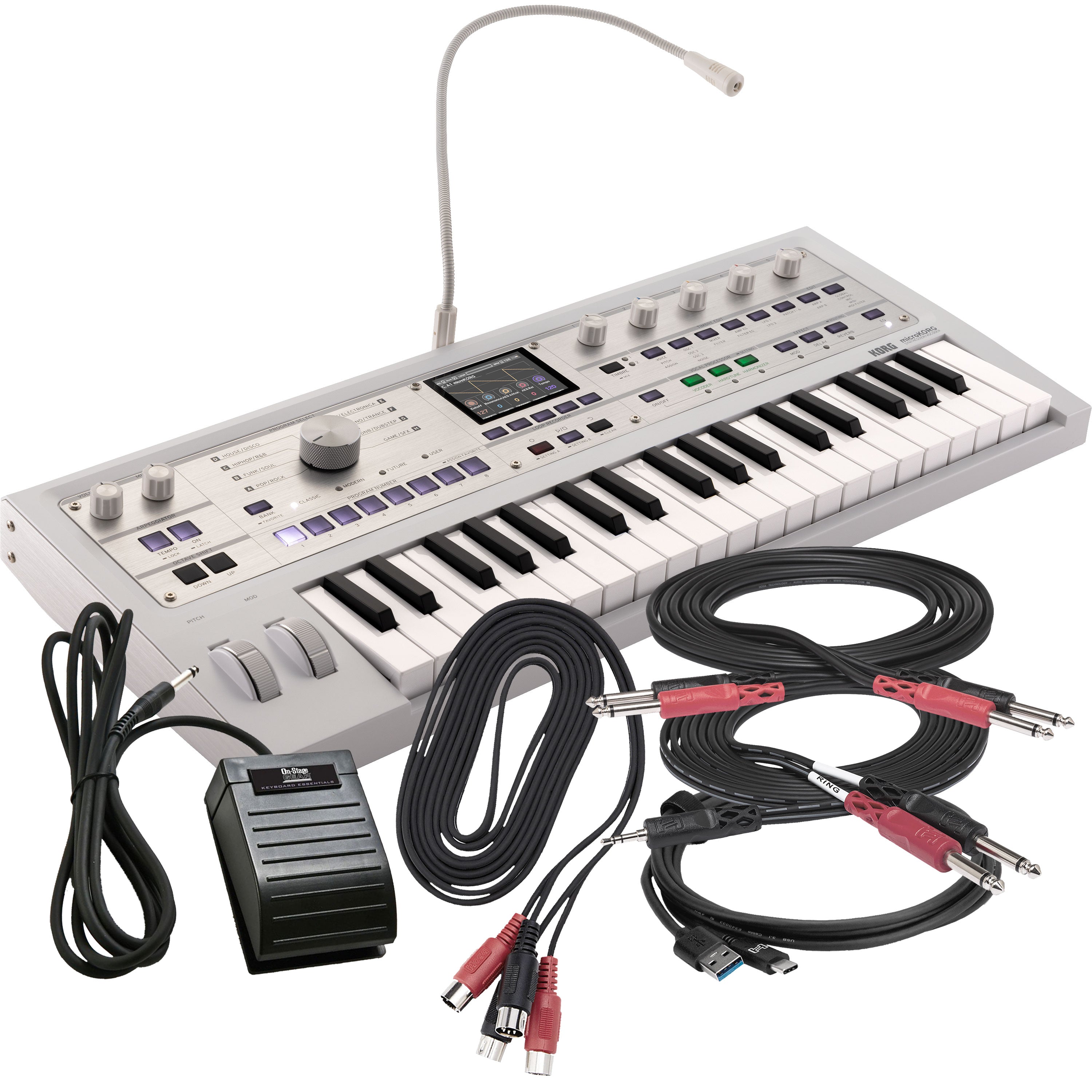 Collage showing components in Korg MicroKorg2 Synthesizer/Vocoder - Metallic White CABLE KIT