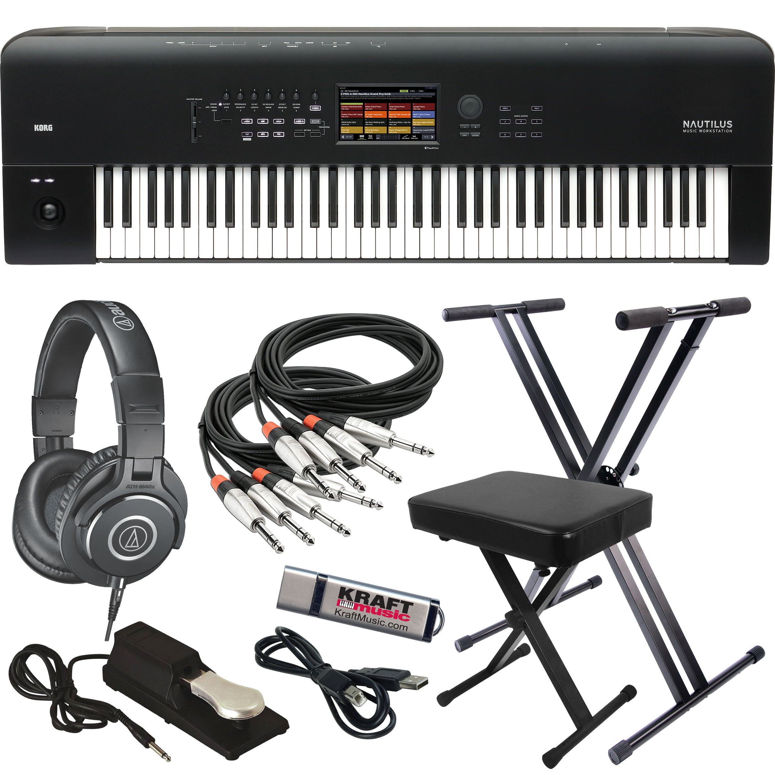 Collage image of the Korg Nautilus 73 Music Workstation KEY ESSENTIALS BUNDLE