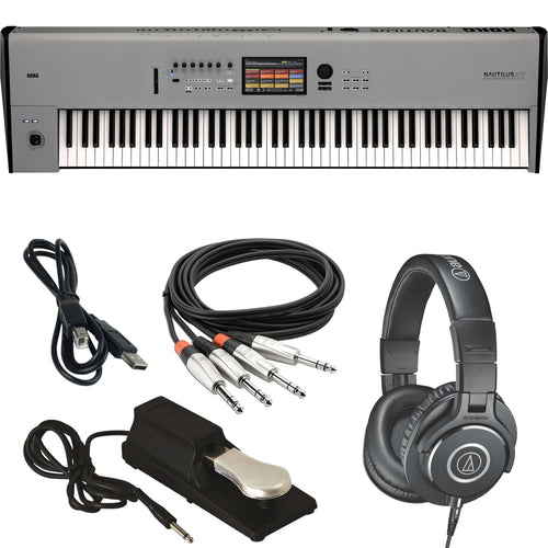 Collage showing components in Korg Nautilus AT 88-Key Music Workstation - Gray BONUS PAK
