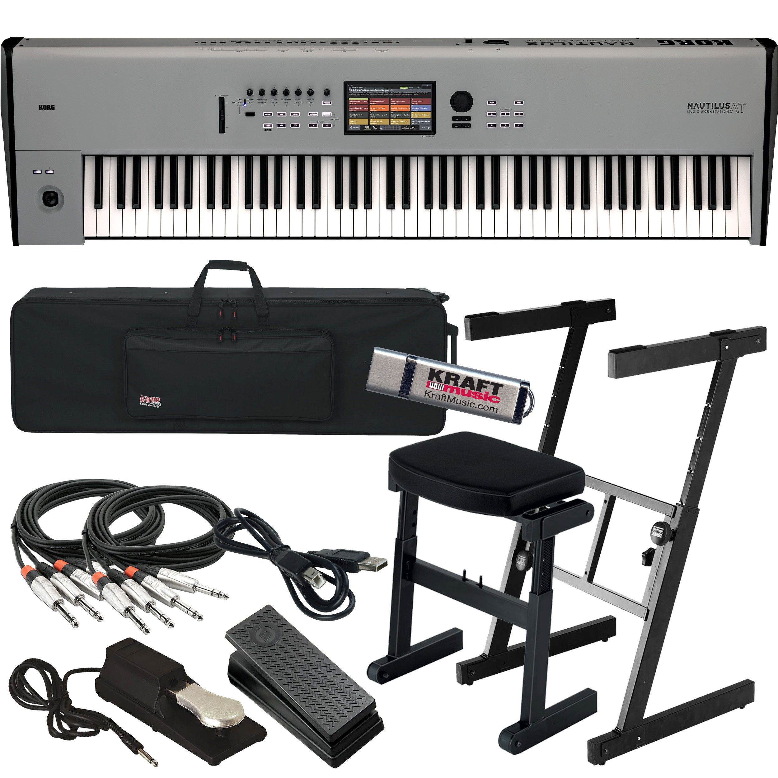 Collage showing components in Korg Nautilus AT 88-Key Music Workstation - Gray STAGE RIG