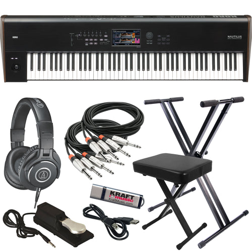 Collage image of the Korg Nautilus 88 Music Workstation KEY ESSENTIALS BUNDLE