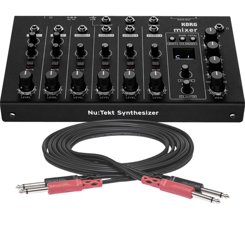 Collage showing components in Korg Nu:Tekt NTS-4 Performance Mixer Kit BASIC CABLE KIT