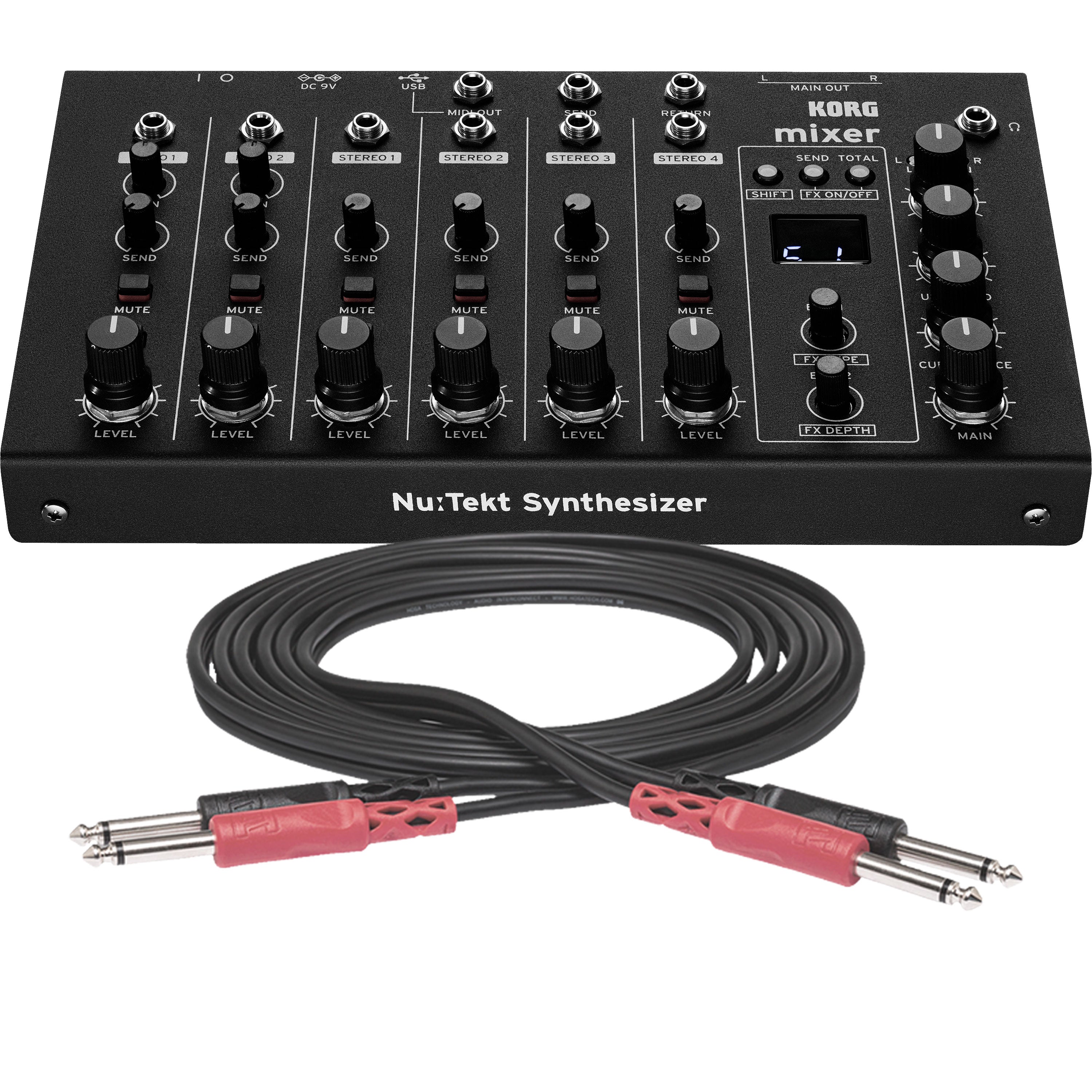Collage showing components in Korg Nu:Tekt NTS-4 Performance Mixer Kit BASIC CABLE KIT