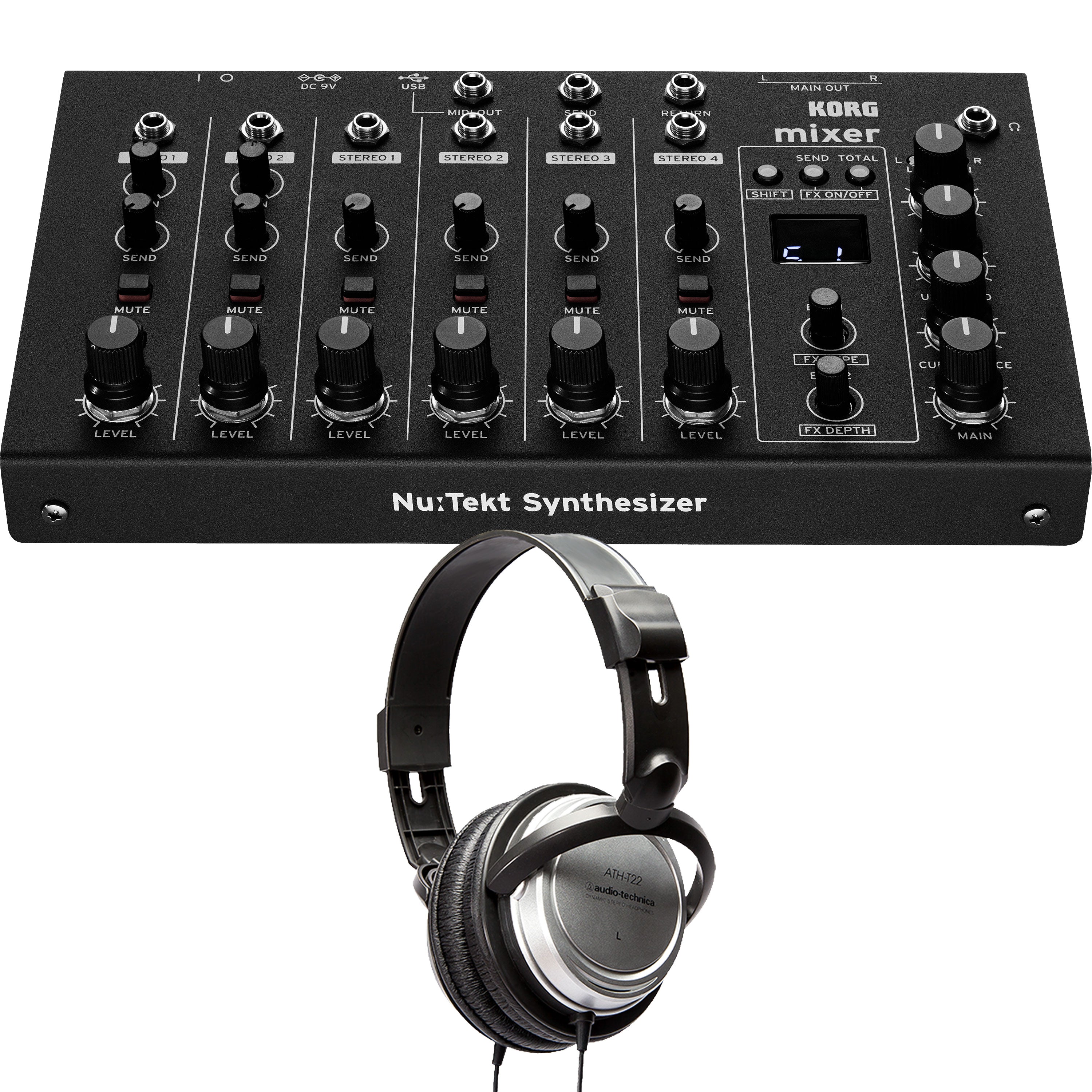 Collage showing components in Korg Nu:Tekt NTS-4 Performance Mixer Kit BONUS PAK