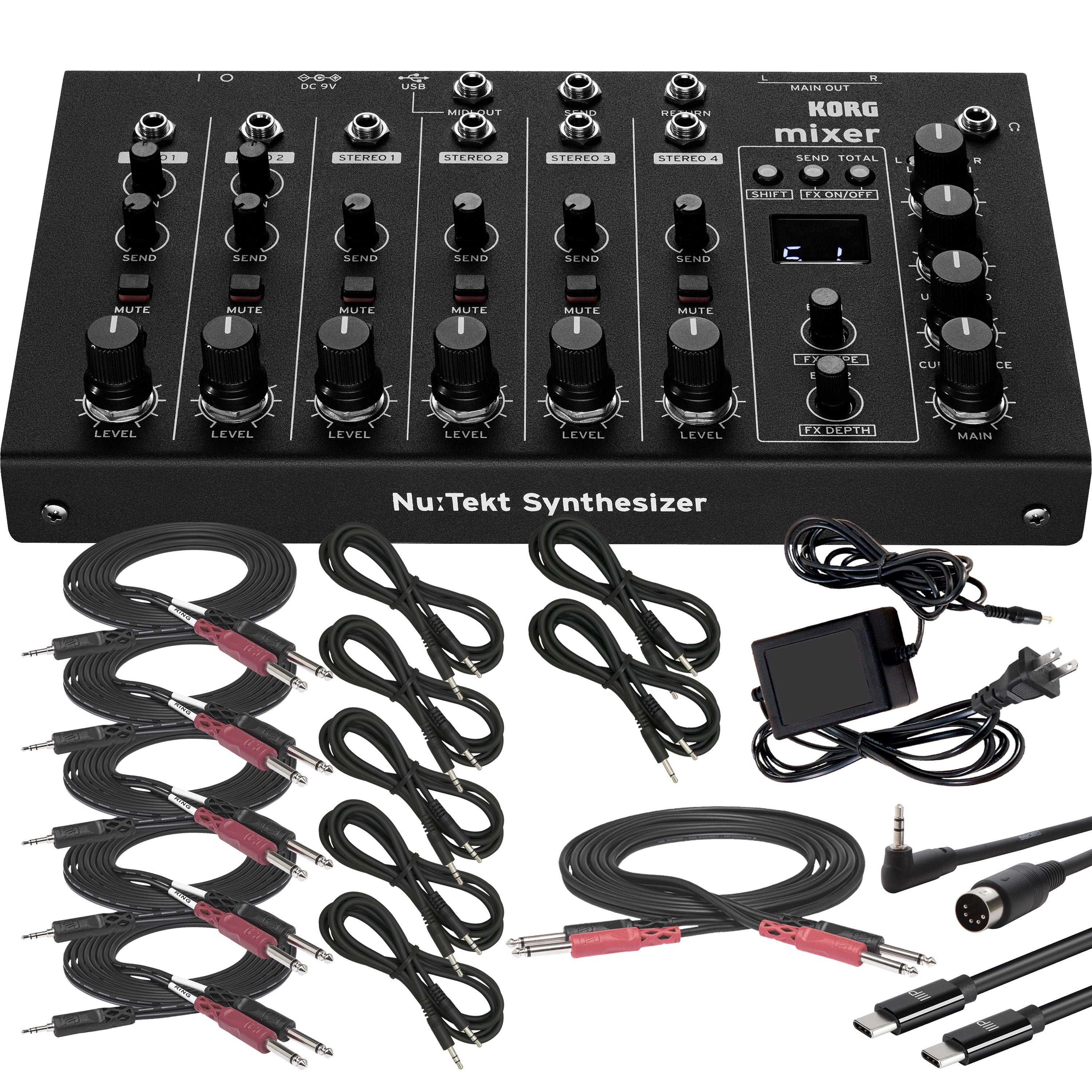 Collage showing components in Korg Nu:Tekt NTS-4 Performance Mixer Kit COMPLETE POWER & CABLE KIT