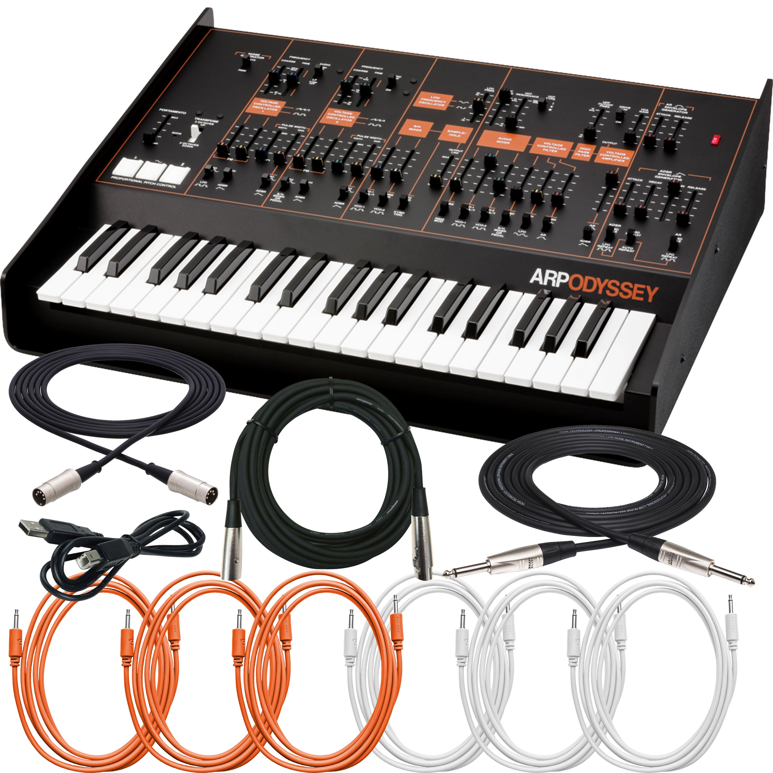 Collage showing components in Korg ARP Odyssey FS Kit Duophonic Analog Synthesizer CABLE KIT