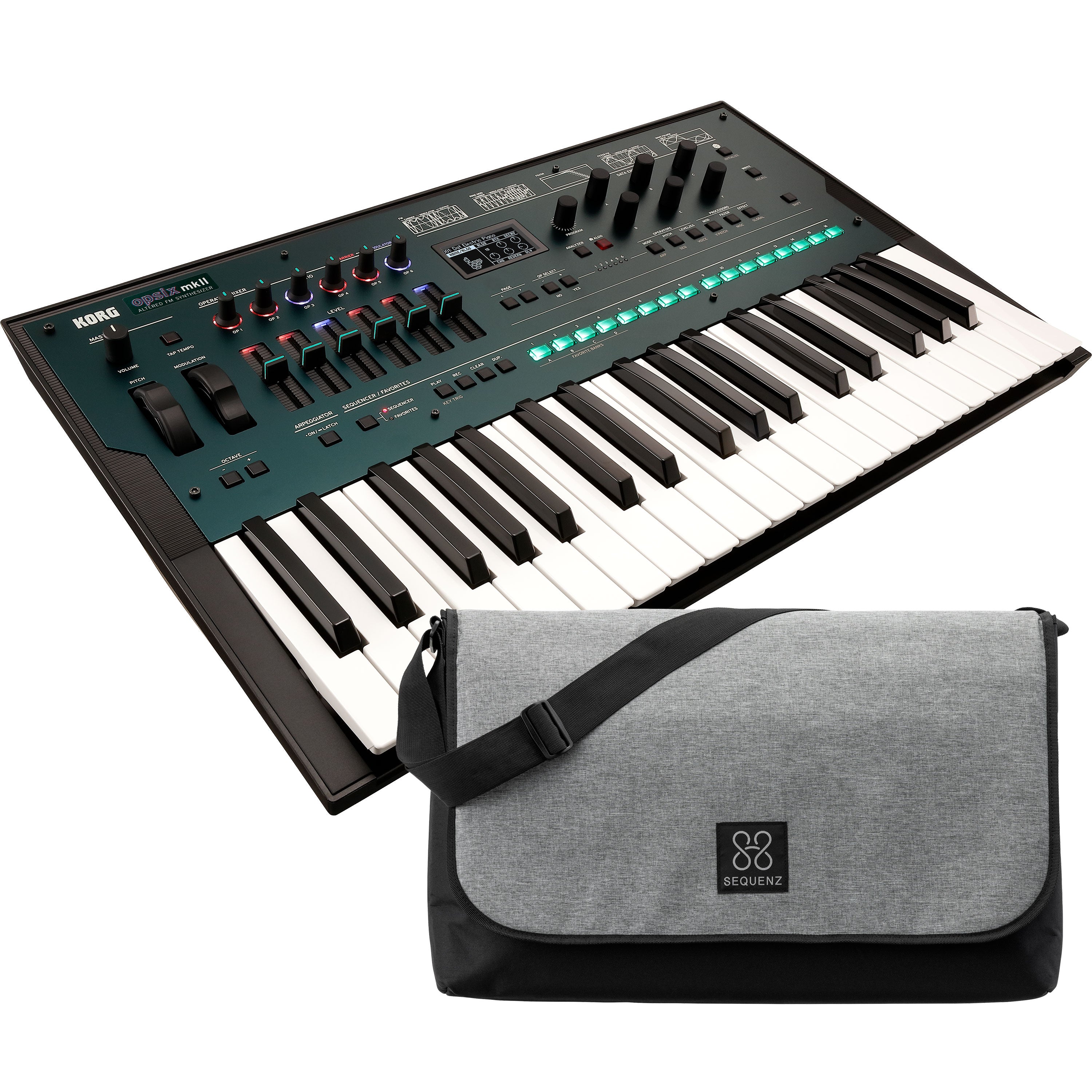 Collage showing components in Korg Opsix MkII 37-Key Altered FM Synthesizer CARRY BAG KIT