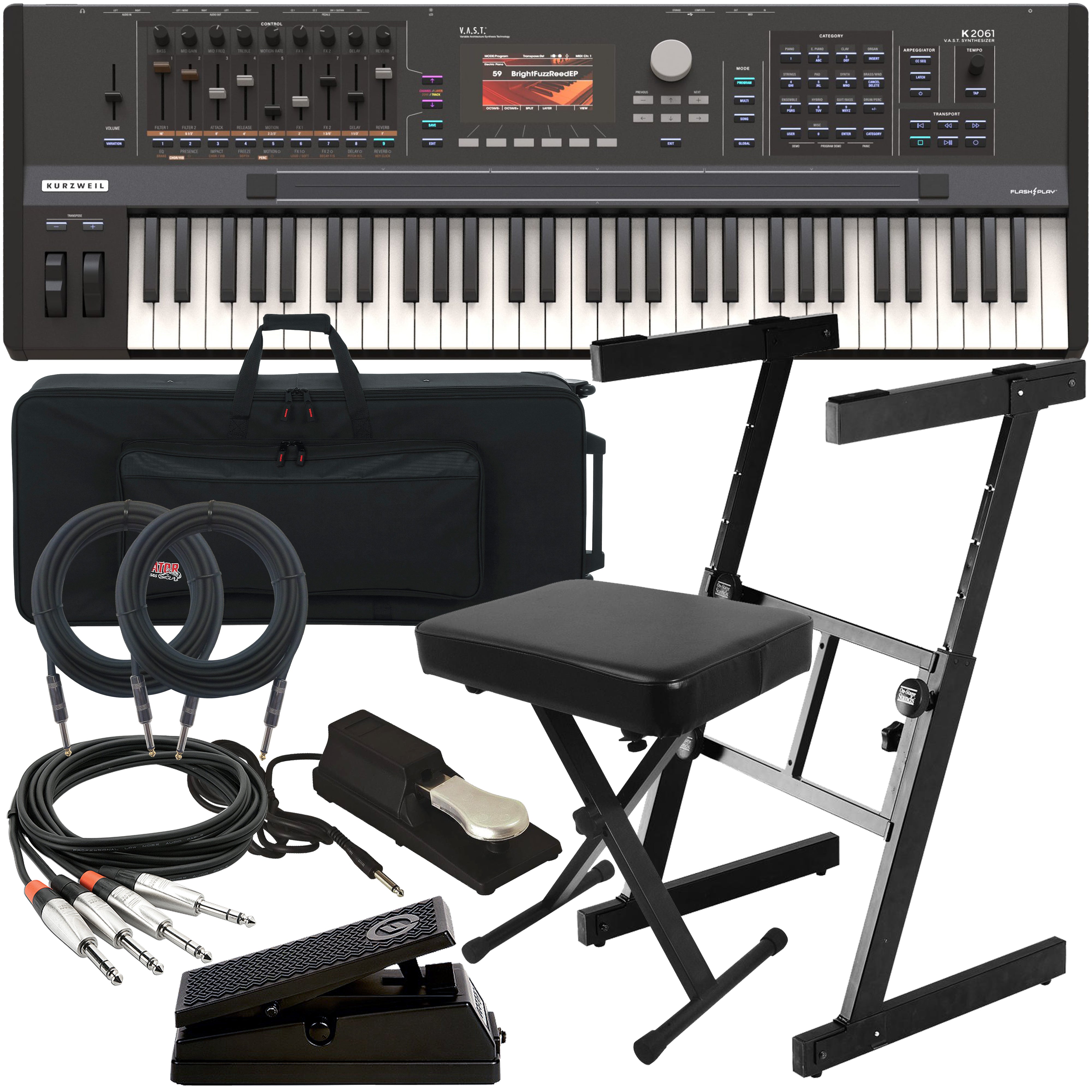 Collage of items included in the Kurzweil K2061 Synthesizer Workstation STAGE ESSENTIALS BUNDLE