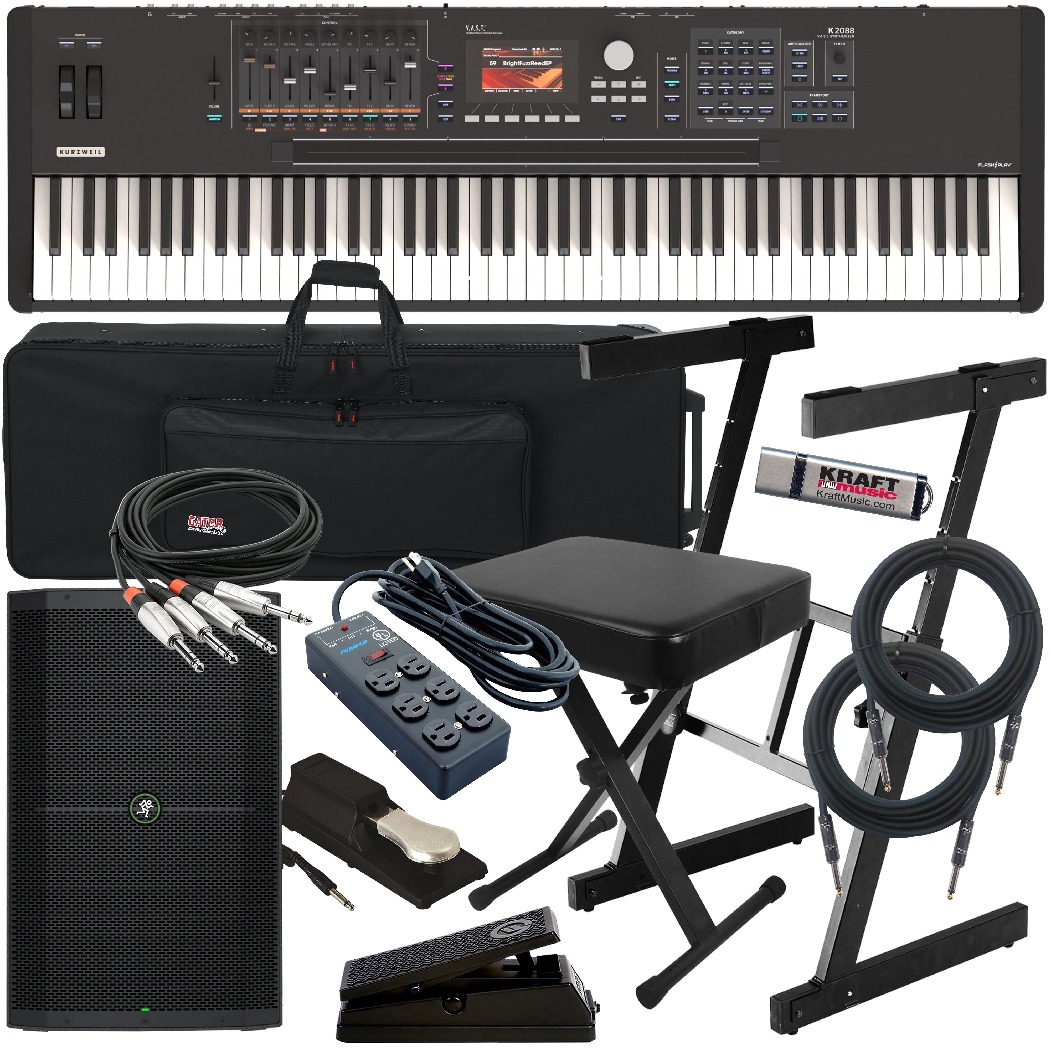Collage of items included in the Kurzweil K2088 Synthesizer Workstation COMPLETE STAGE BUNDLE