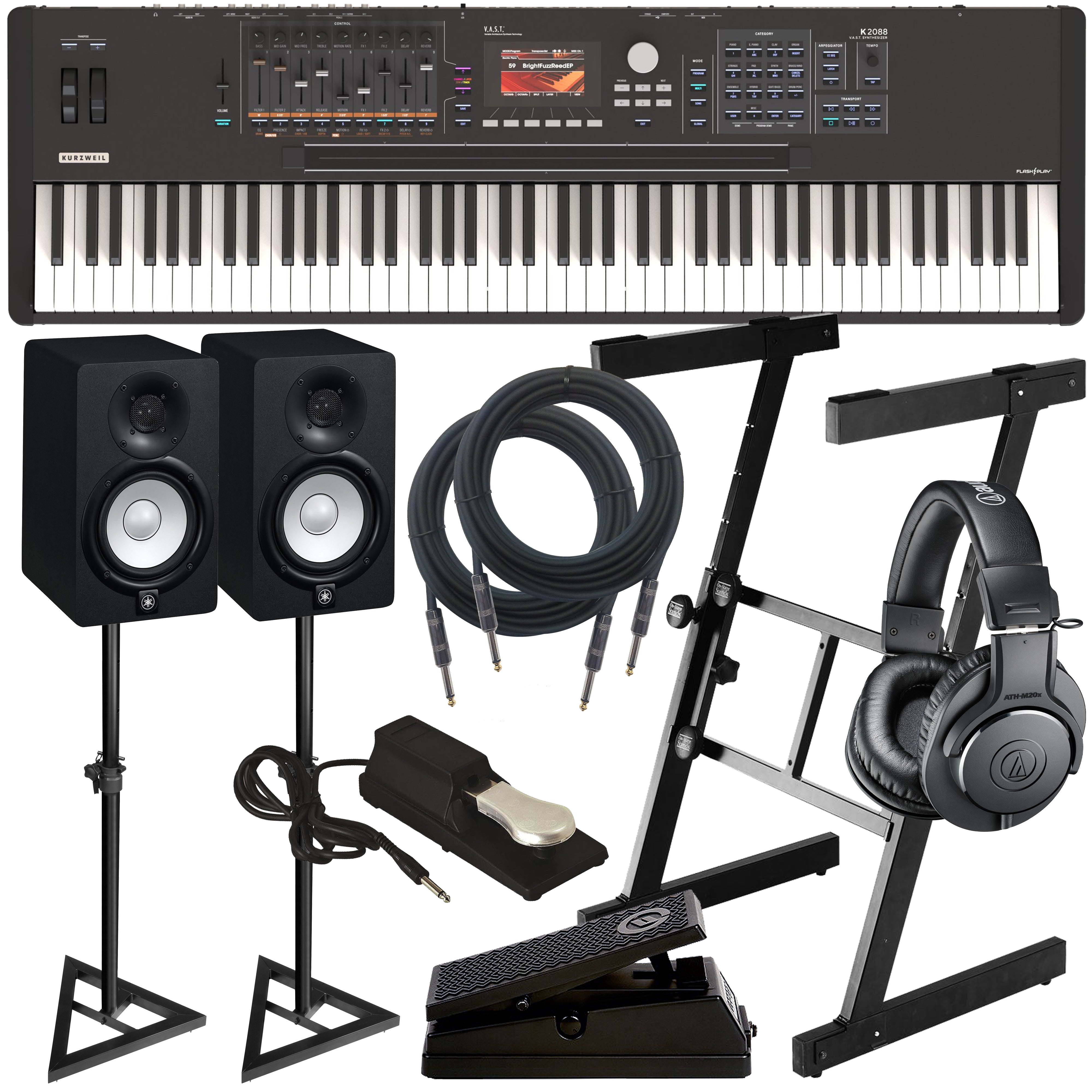 Collage of items included in the Kurzweil K2088 Synthesizer Workstation STUDIO ESSENTIALS BUNDLE