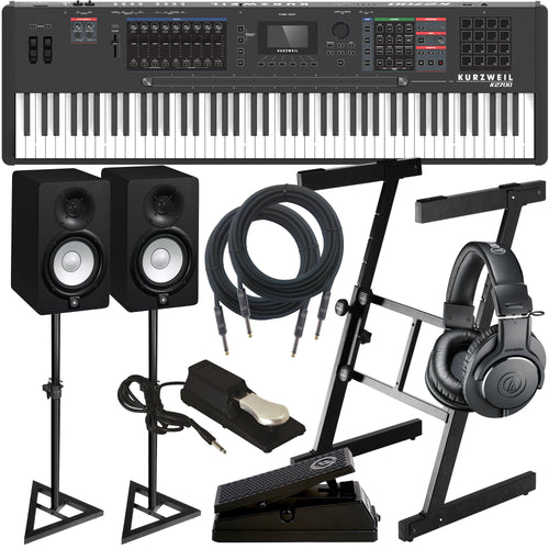 Collage of items includec in the Kurzweil K2700 88-Key Music Workstation STUDIO ESSENTIALS BUNDLE
