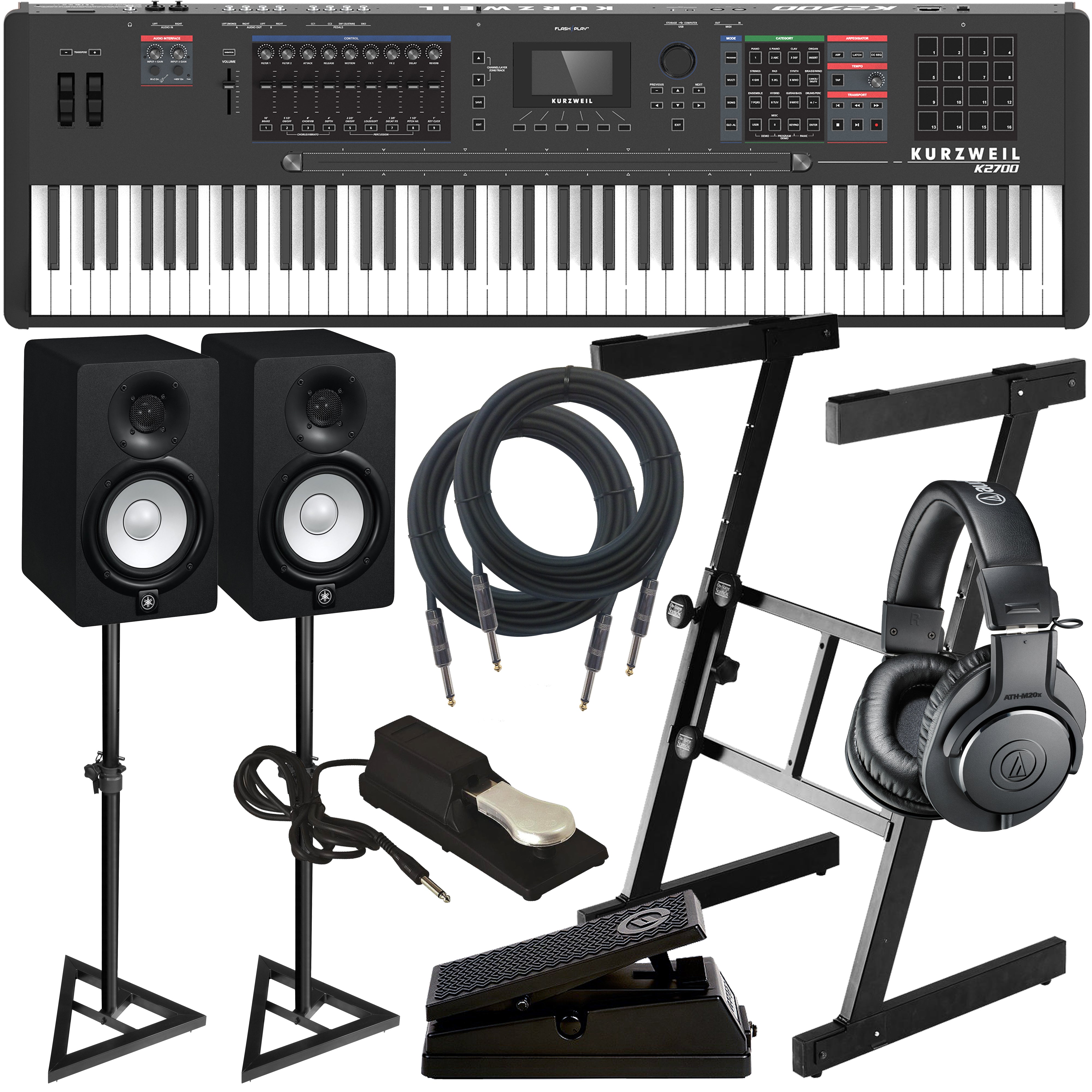 Collage of items includec in the Kurzweil K2700 88-Key Music Workstation STUDIO ESSENTIALS BUNDLE