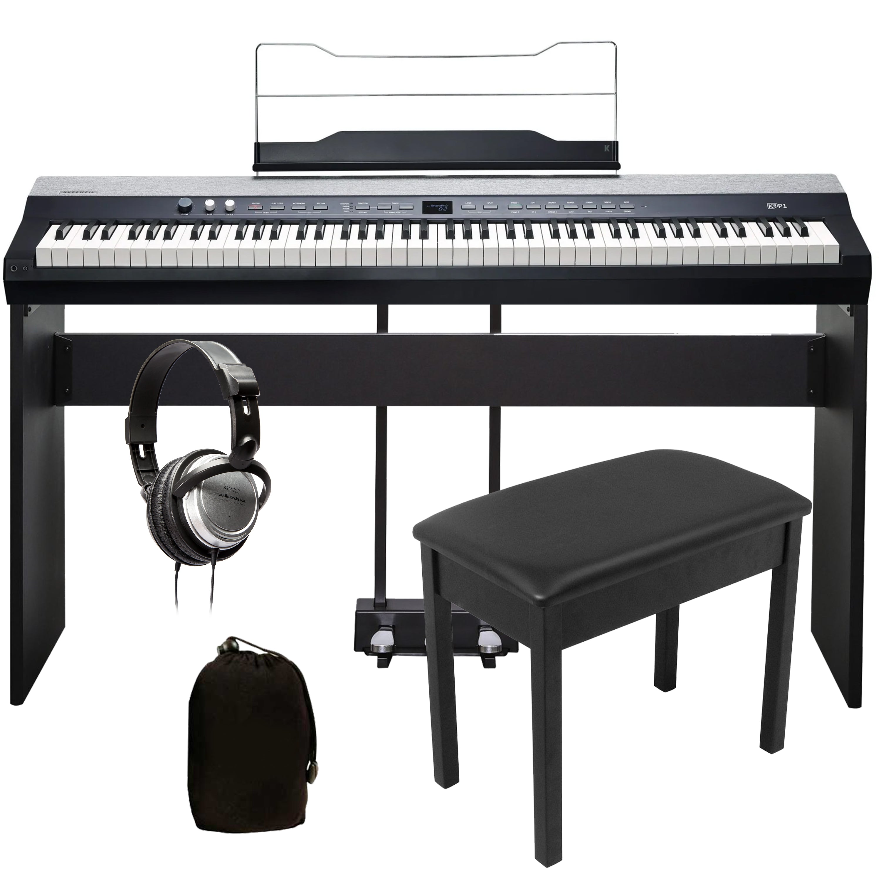 Collage of items included in the Kurzweil KaP1 Digital Piano - Black COMPLETE HOME BUNDLE