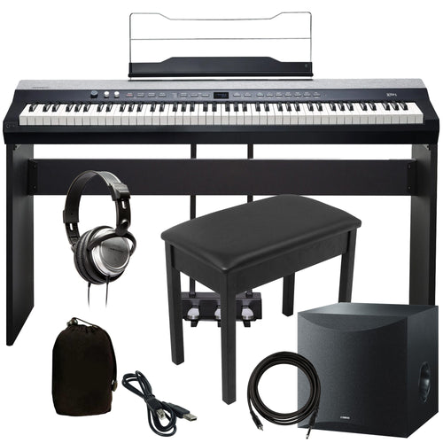 Collage of everything included in the Kurzweil KaP1 Digital Piano - Black COMPLETE HOME BUNDLE PLUS