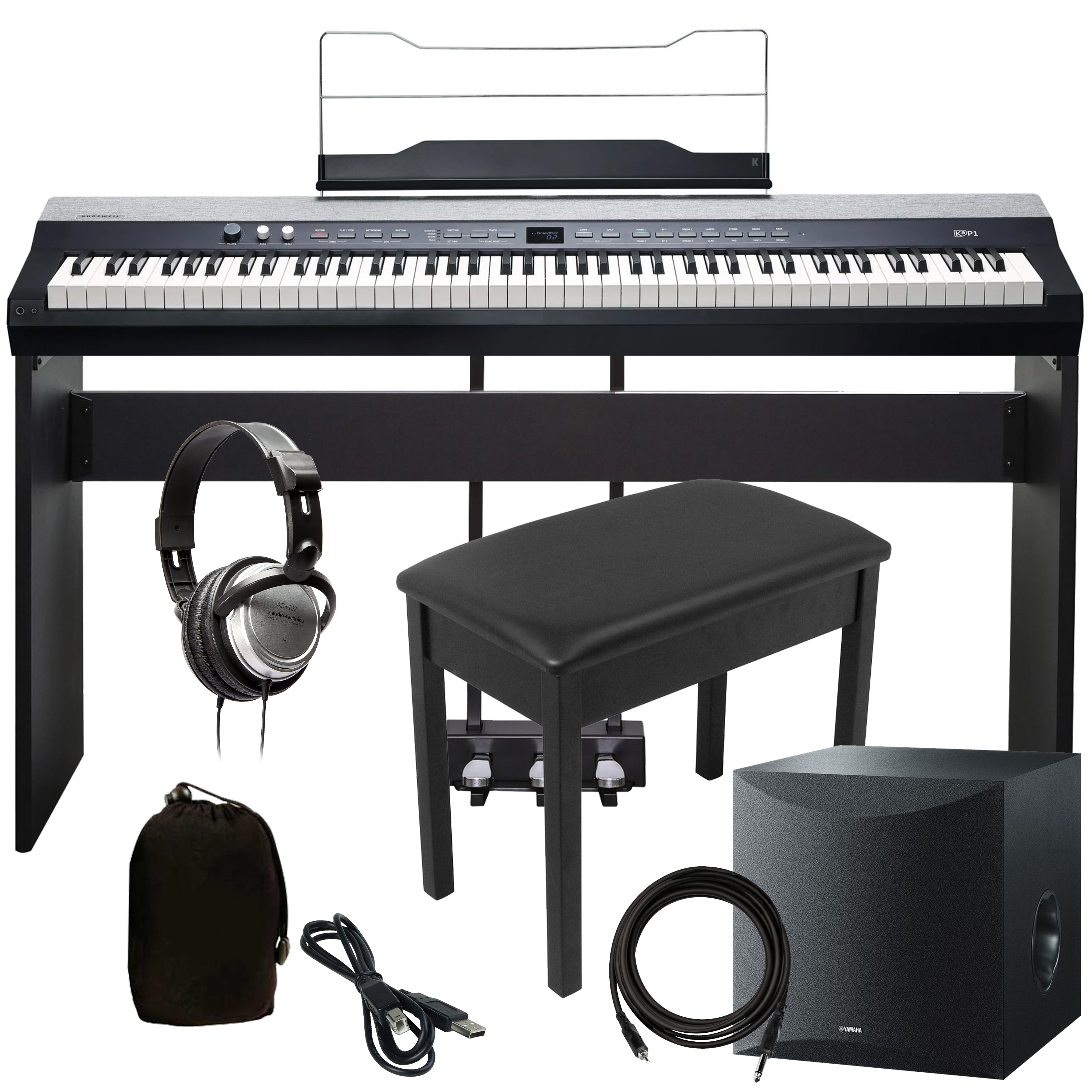 Collage of everything included in the Kurzweil KaP1 Digital Piano - Black COMPLETE HOME BUNDLE PLUS