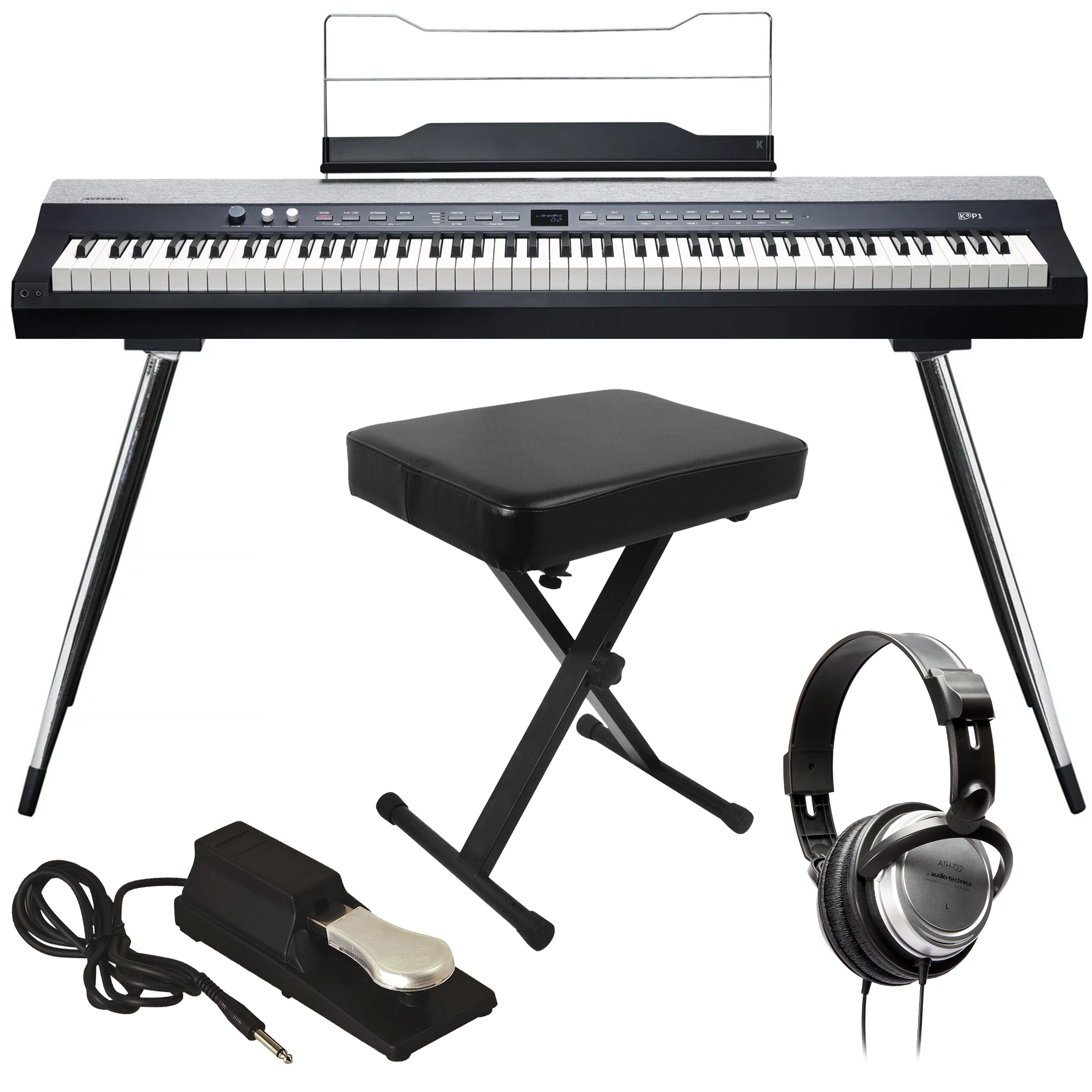 Collage of everything included in Kurzweil KaP1 Digital Piano - Black HOME ESSENTIALS BUNDLE
