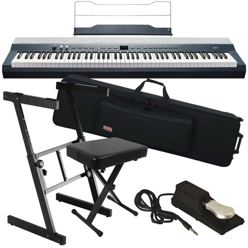 collage of items included in the Kurzweil KaP1 Digital Piano - Blue STAGE ESSENTIALS BUNDLE