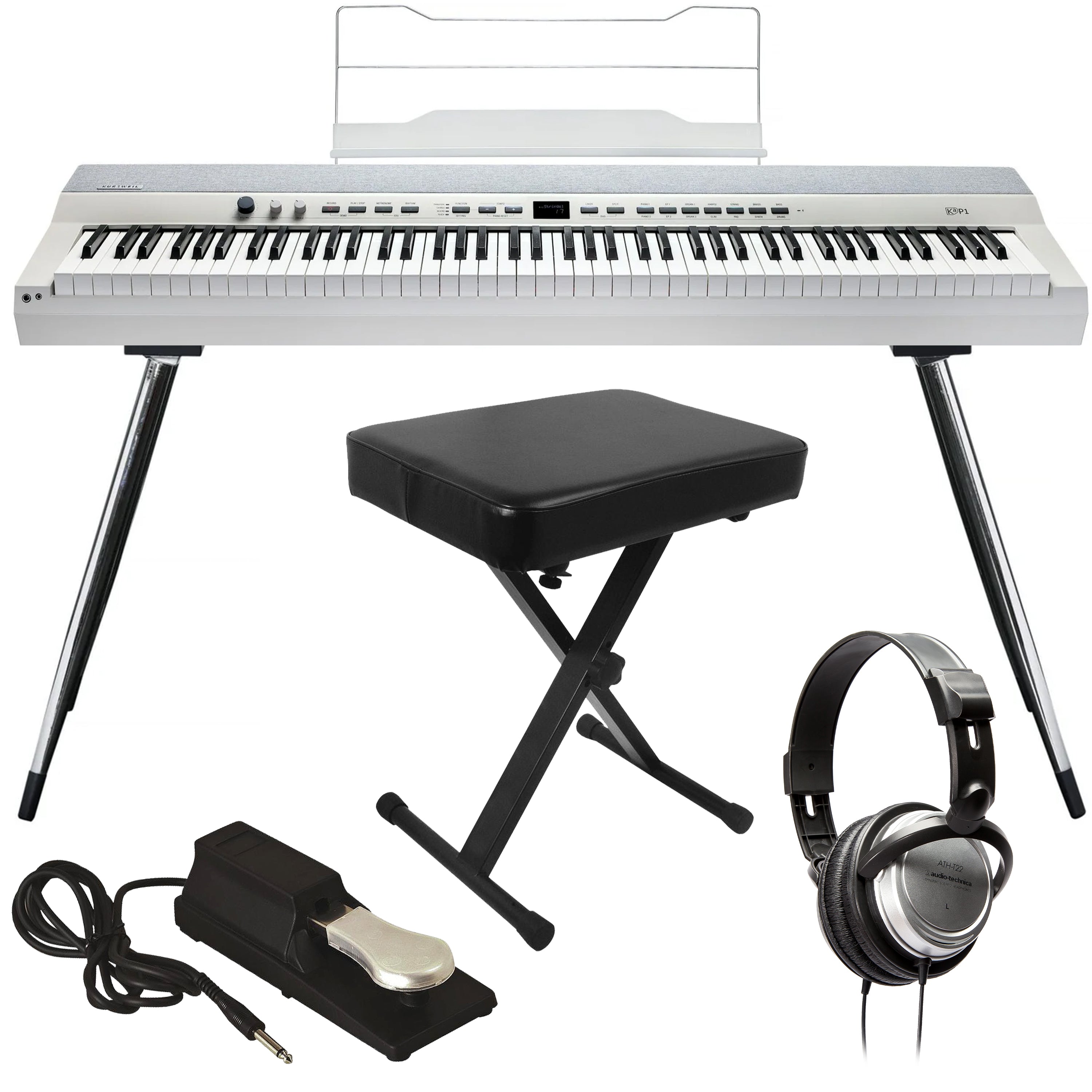 Collage of items included in the Kurzweil KaP1 Digital Piano - White HOME ESSENTIALS BUNDLE