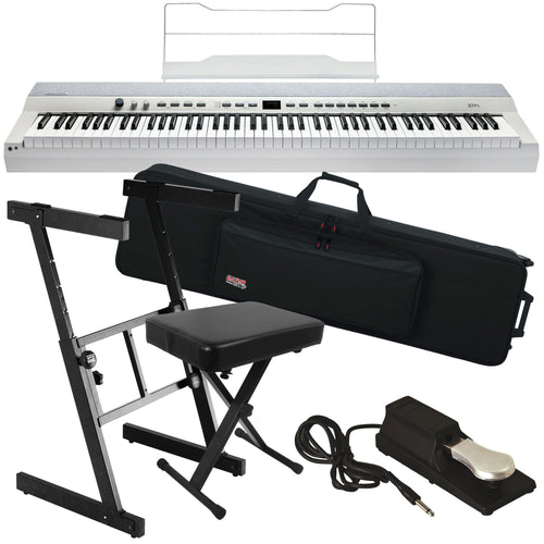 Collage of items included in the Kurzweil KaP1 Digital Piano - White STAGE ESSENTIALS BUNDLE