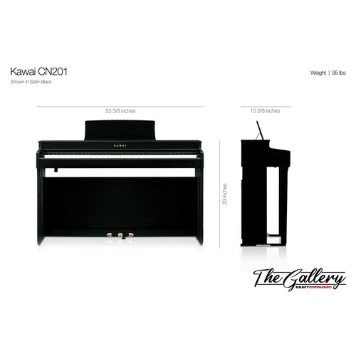 Kawai CN201 digital piano with dimensions and weight on a white background
