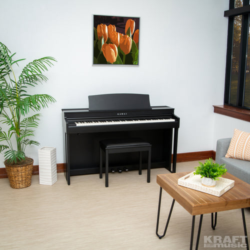 Kawai CN301 Digital Piano - Satin Black - Right angle in a stylish living room