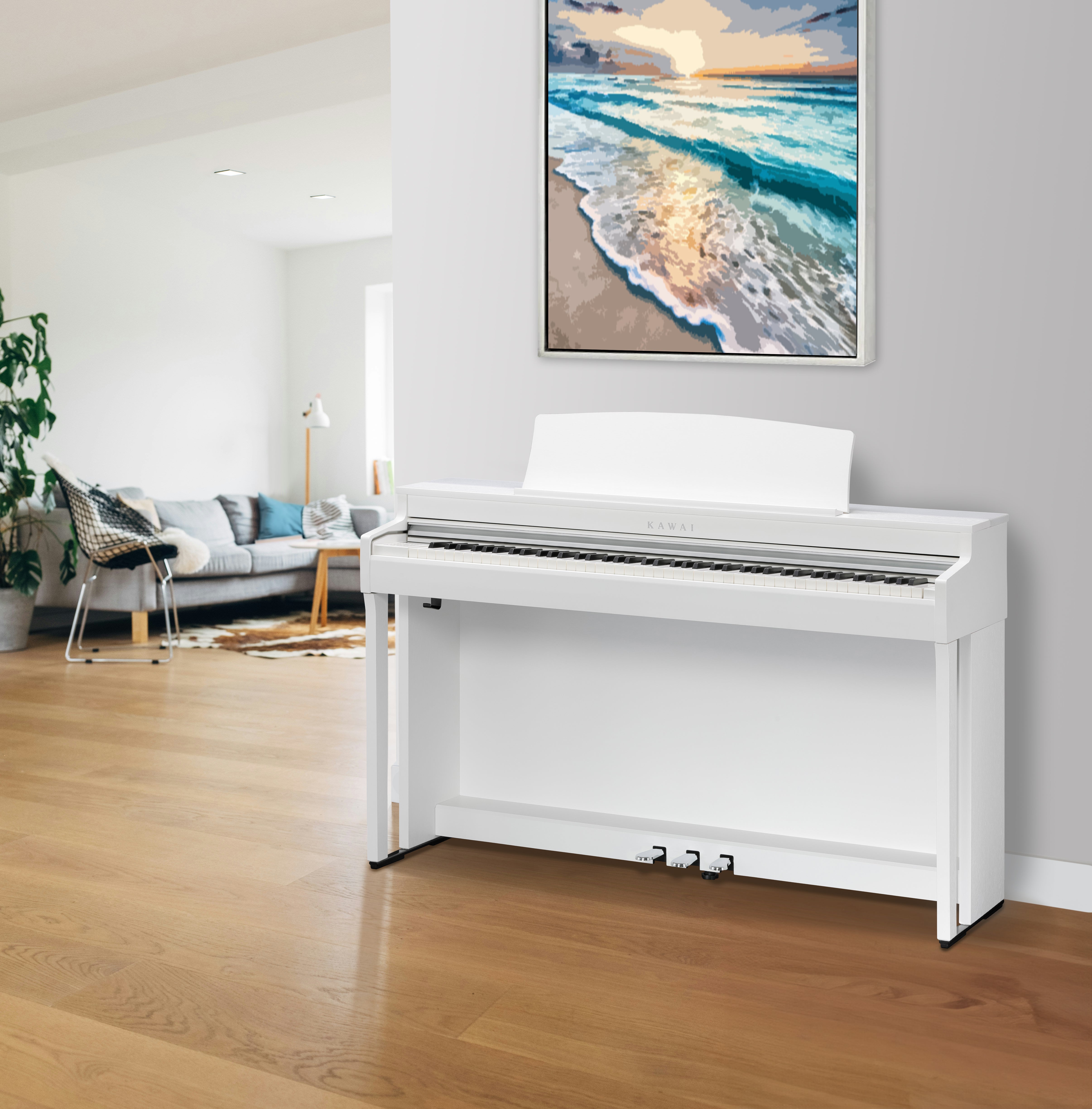Kawai CN301 Digital Piano - Satin White - in a stylish living room