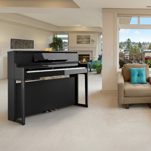 Roland LX-5 Digital Piano with Bench - Polished Ebony in a stylish room