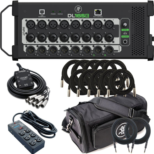 Collage of items included in the Mackie DL16SE 16-channel Digital Rack Mixer STAGE RIG
