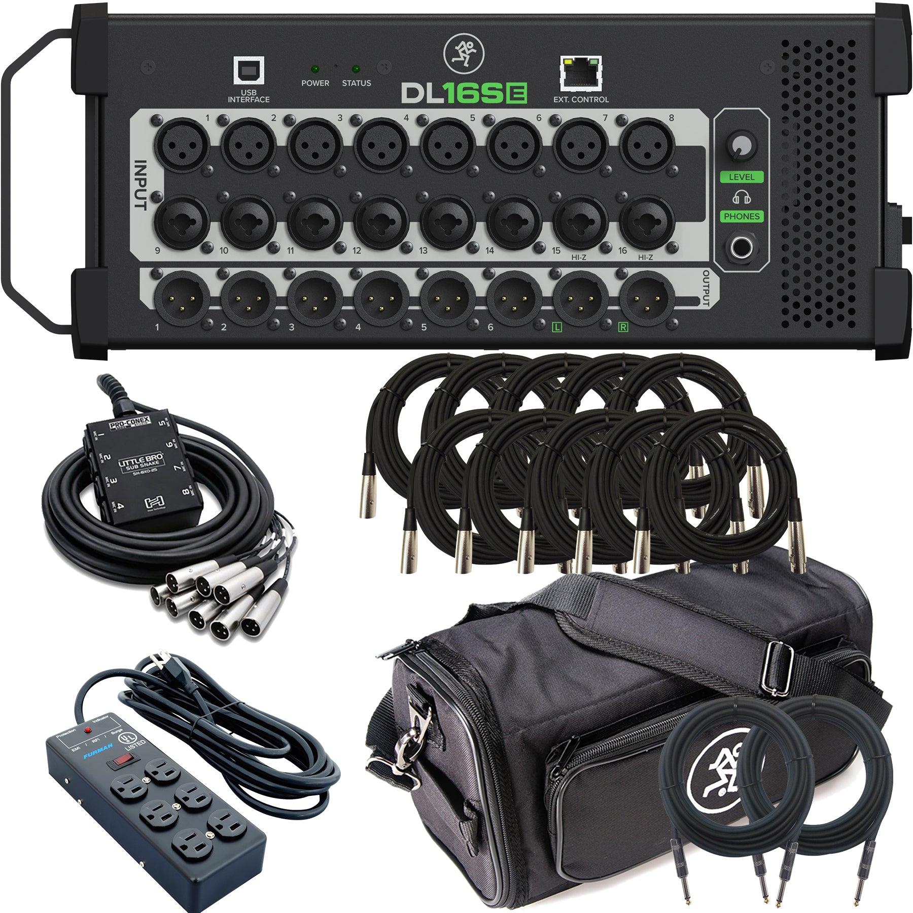 Collage of items included in the Mackie DL16SE 16-channel Digital Rack Mixer STAGE RIG
