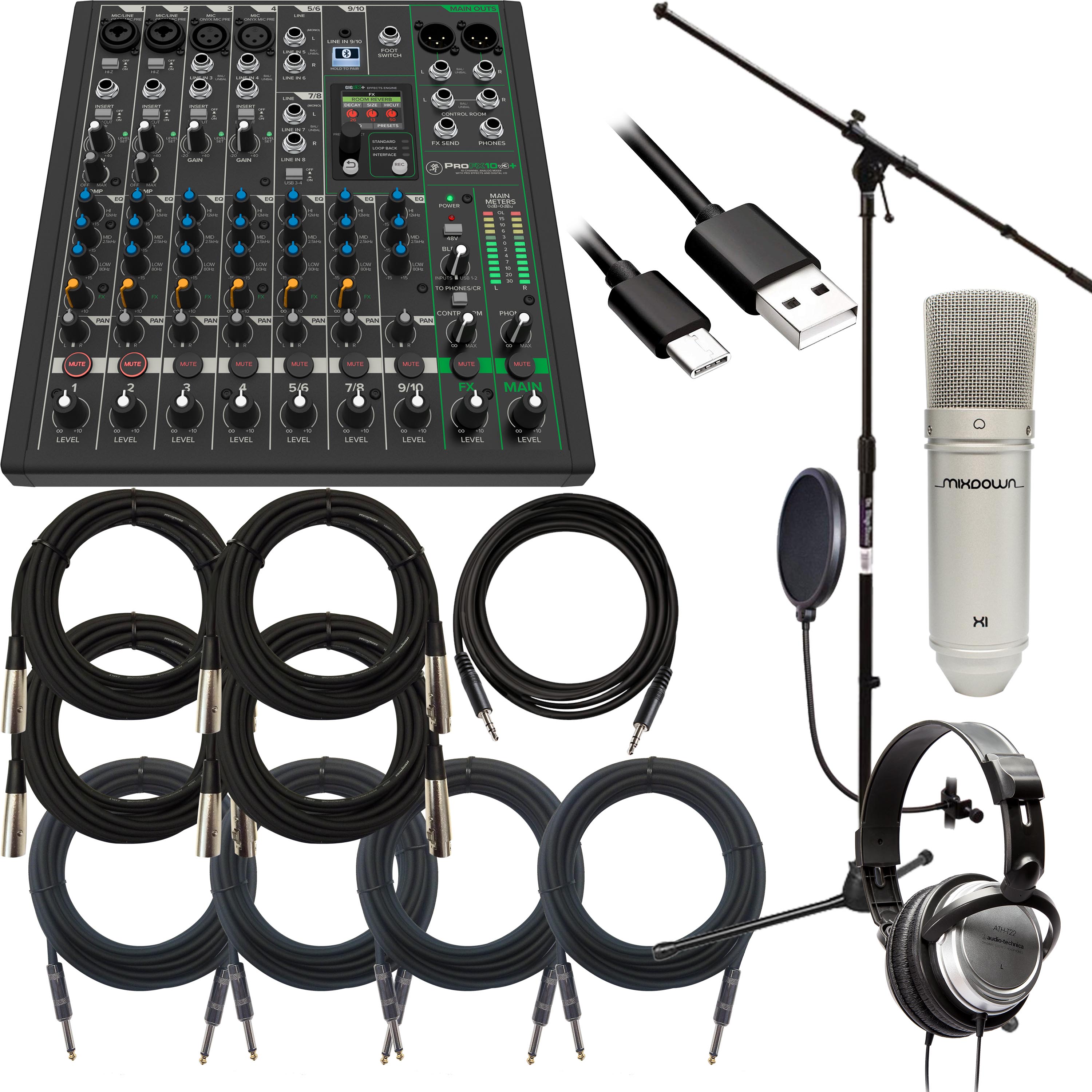 Collage image of the Mackie ProFX10v3+ 10 Channel Mixer STUDIO PAK