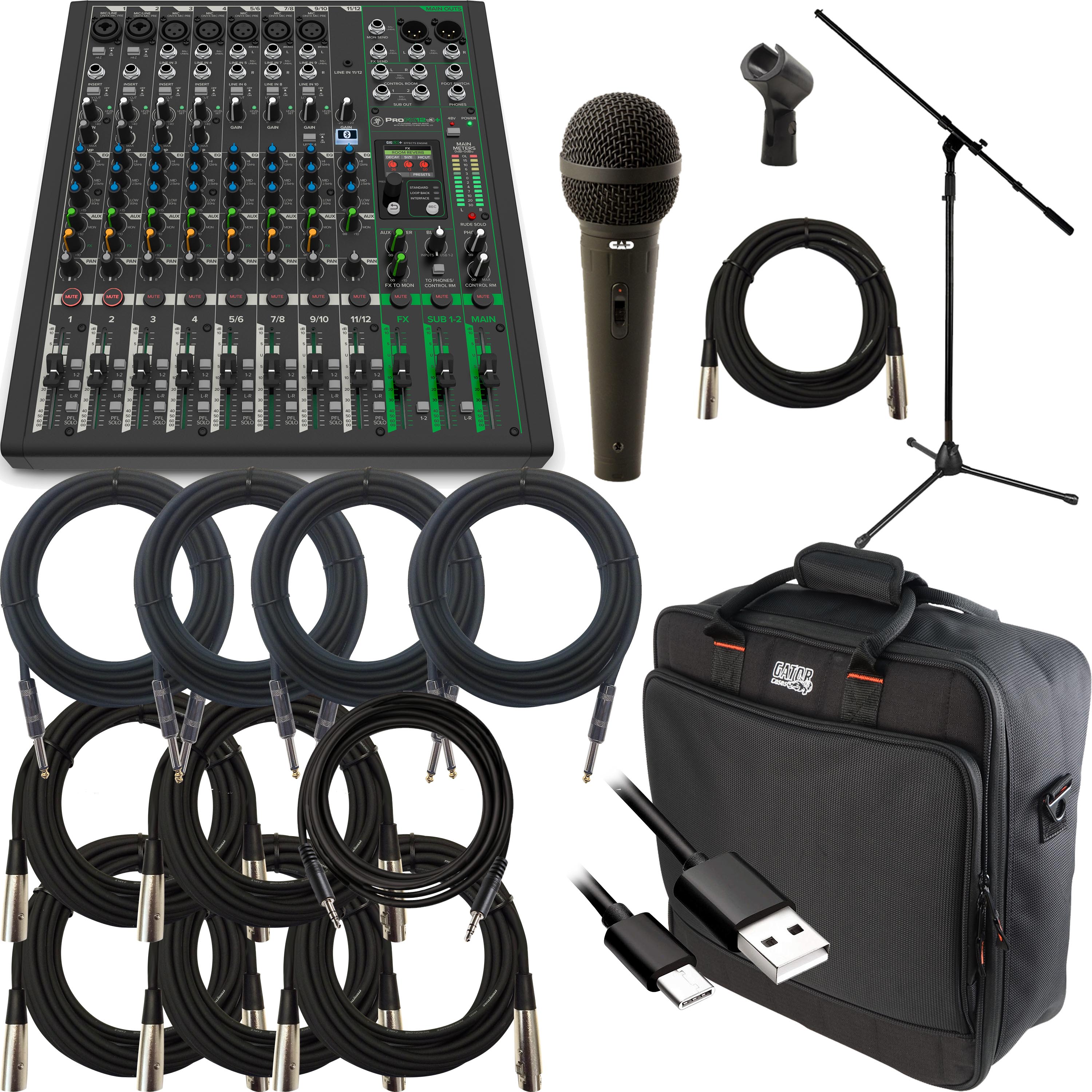 Collage image of the Mackie ProFX12v3+ 12 Channel Mixer PERFORMER PAK