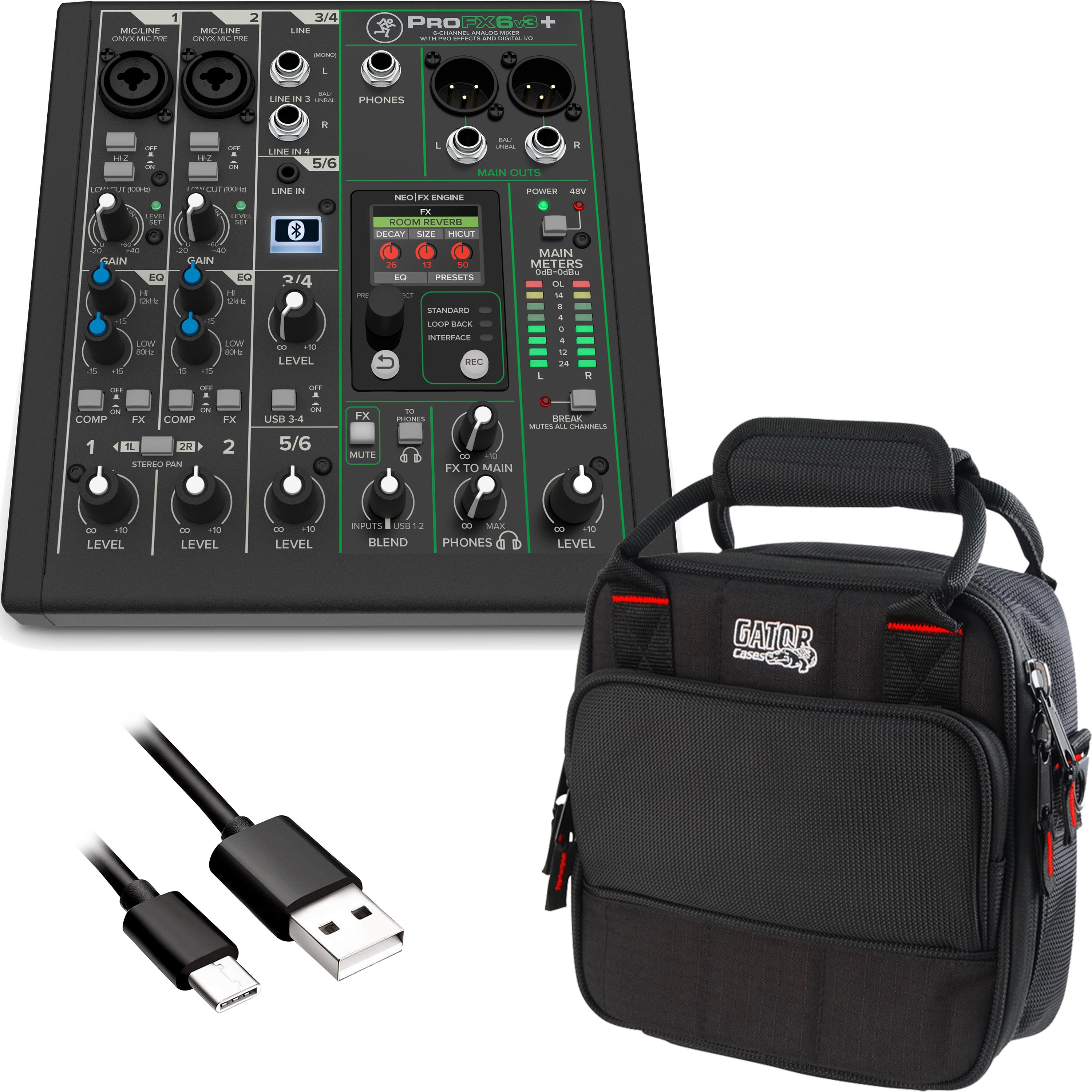 Collage image of the Mackie ProFX6v3+ 6 Channel Mixer CARRY BAG KIT