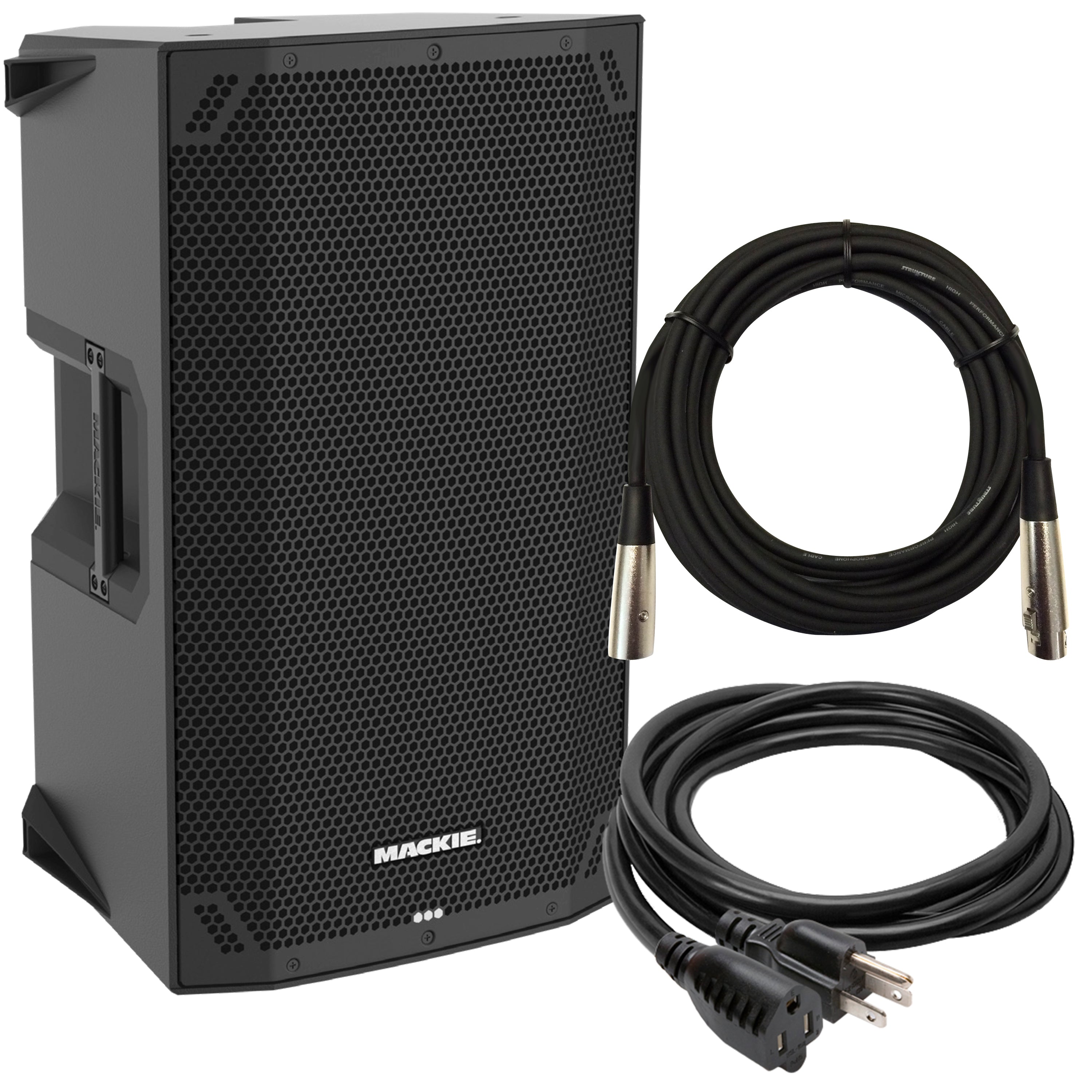 Collage of items included in the Mackie Thump12v4 12" Powered Speaker CABLE KIT