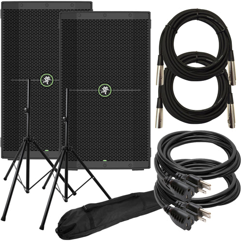 Collage of items included in the Mackie Thump210XT 10" 1400W Powered Loudspeaker AUDIO ESSENTIALS BUNDLE