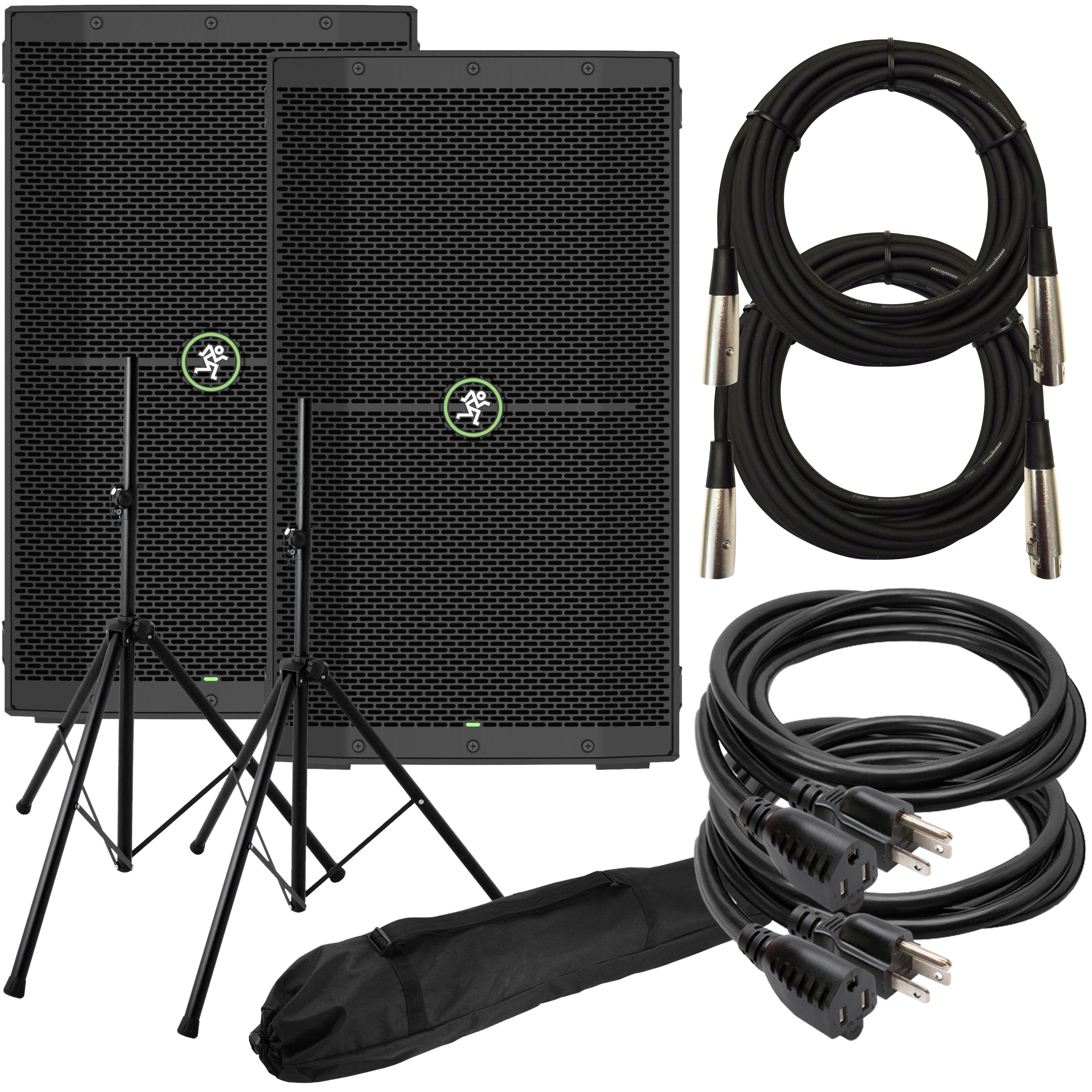 Collage of items included in the Mackie Thump210XT 10" 1400W Powered Loudspeaker AUDIO ESSENTIALS BUNDLE