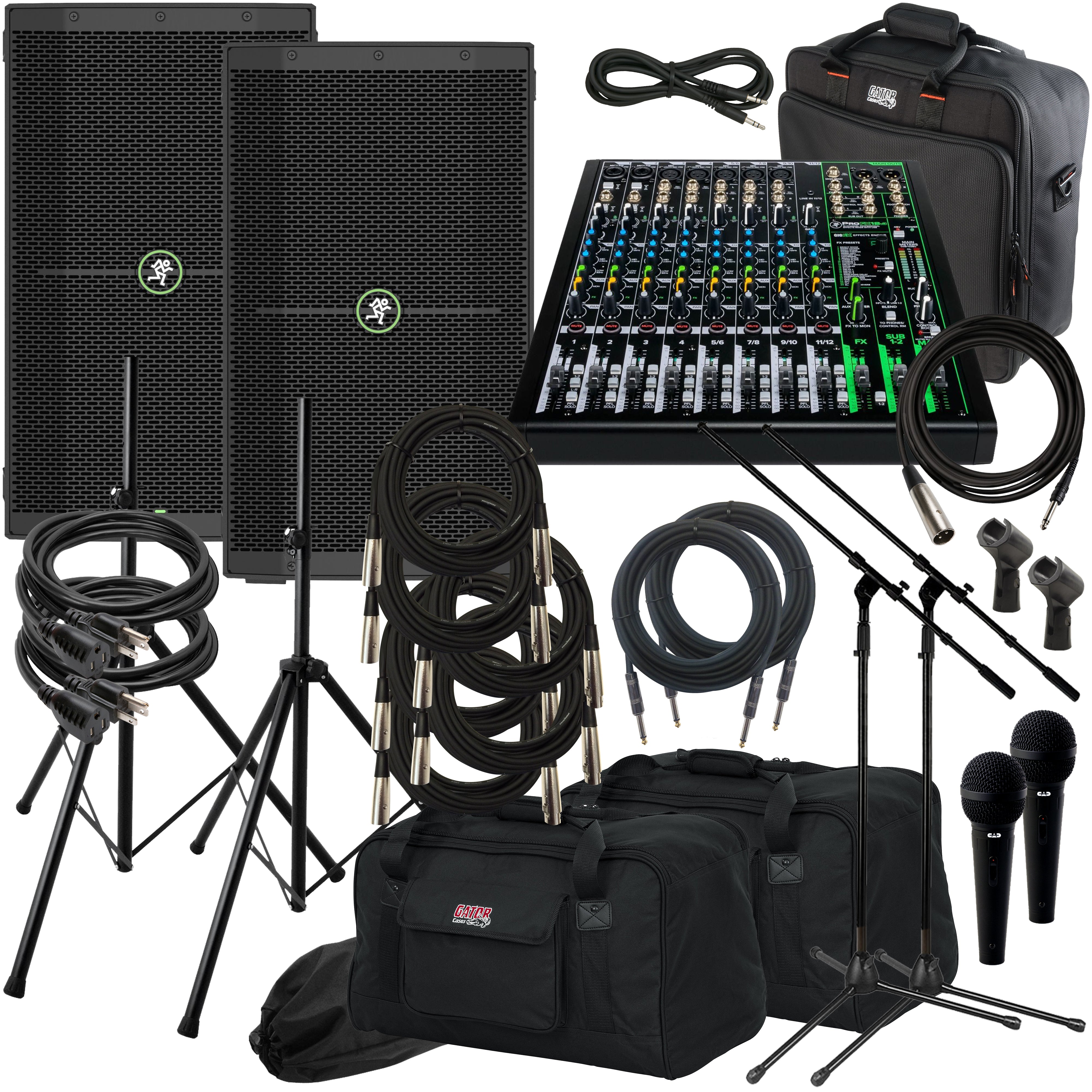 Collage of items included in the Mackie Thump210XT 10" 1400W Powered Loudspeaker COMPLETE AUDIO BUNDLE