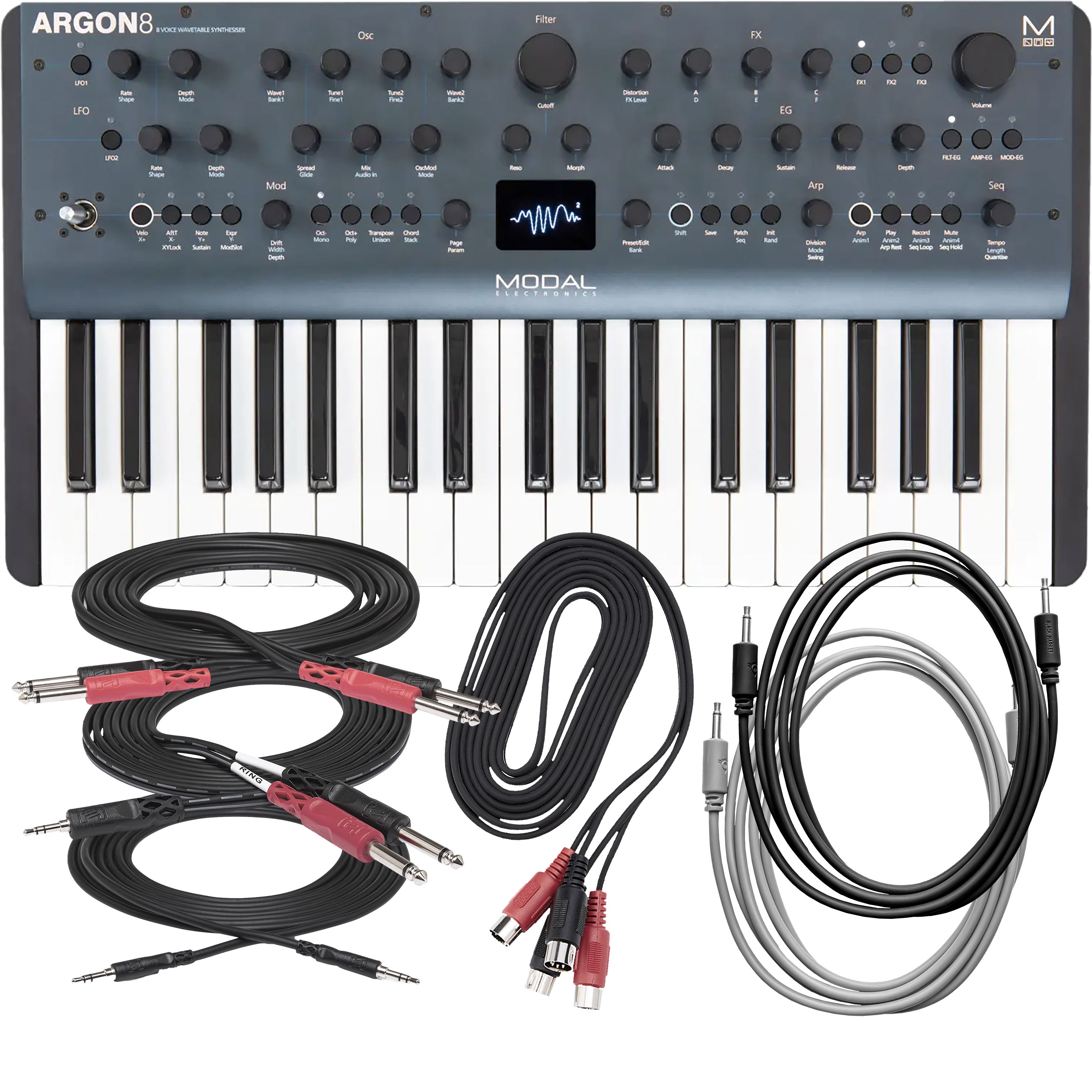 Collage of items included in the Modal Electronics Argon8 8-Voice Polyphonic Wavetable Synthesizer CABLE KIT